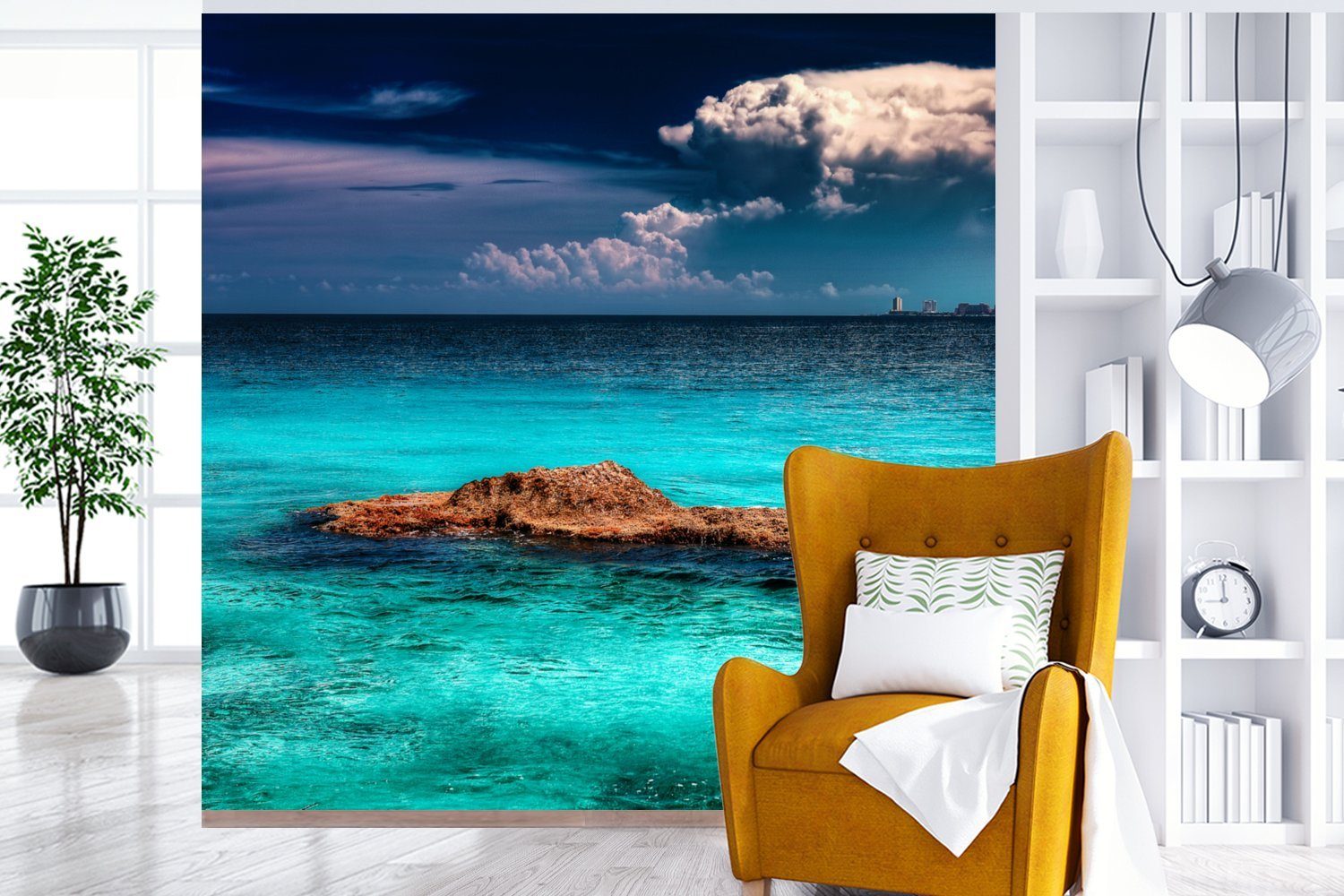 Wasser, Schlafzimmer, Skyline Matt, Die von Cancun klarem St), blauem Tapete Vinyl Fototapete MuchoWow (5 Wohnzimmer Wandtapete bedruckt, mit oder für