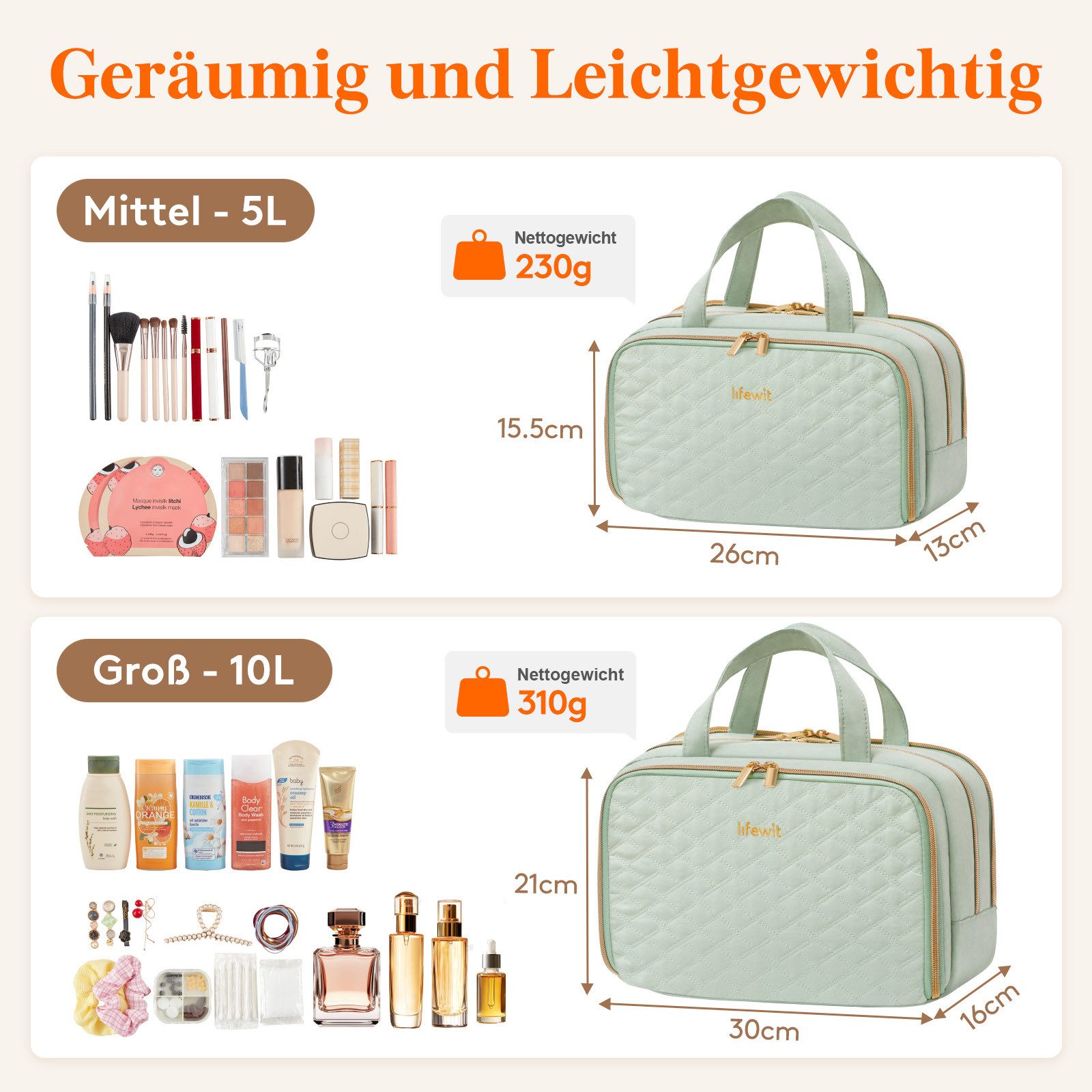 Lifewit Kulturbeutel Reise Kulturtasche Damen, Wasserabweisende Kulturbeutel mit Nassfach (Set, 1-er, B/H/T 16/21/30 cm), Tragbar