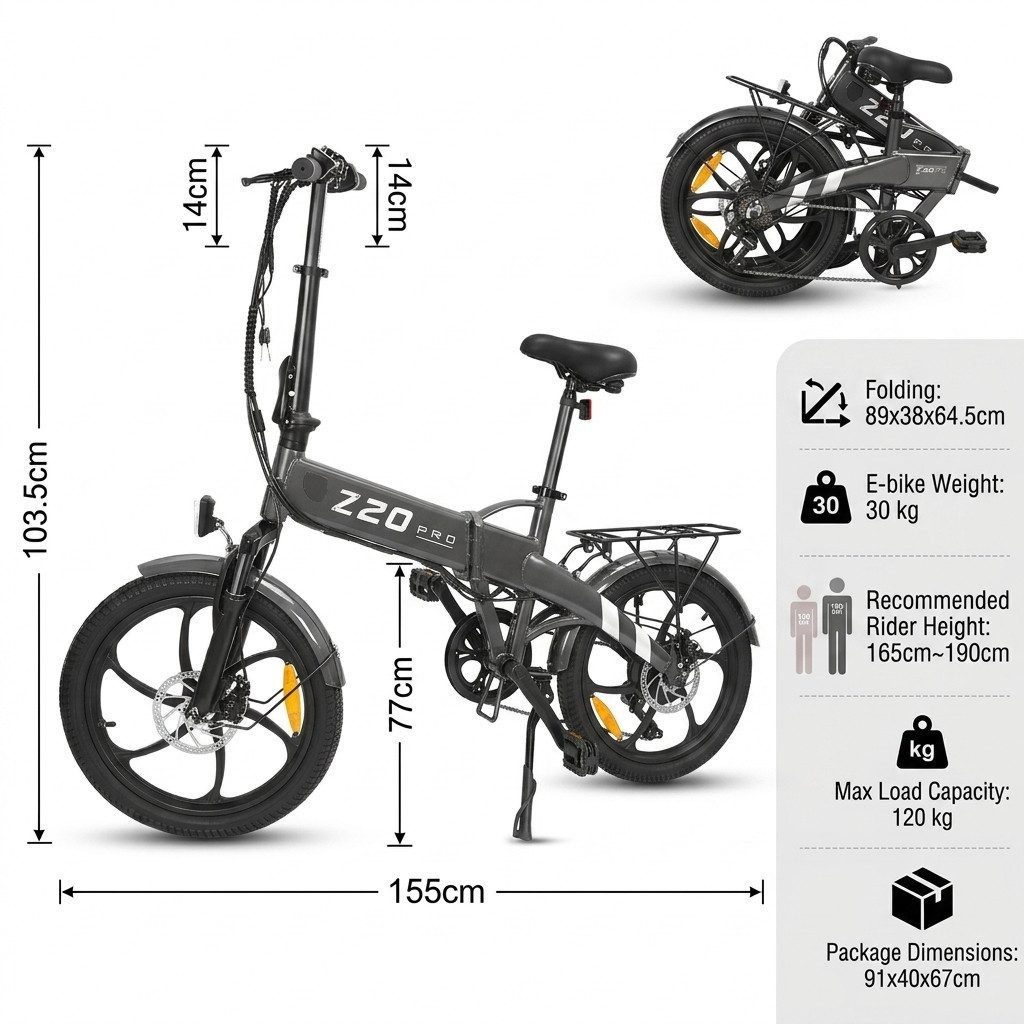 kowdom E-Bike Pedelec E-Klapprad 20 Zoll 250W 36V 10,4Ah Shimano 6-Gang, 6 Gang, Kettenschaltung, Bürstenloser Motor, 374 Wh, (Komplettrad)