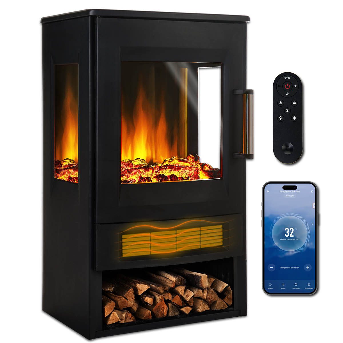 AMBINESS Elektrokamin 2 Heizstufen, 900W - 2000W, LED - 3D Flammeneffekt mit Farbwechsel, inkl. Smart-Home-Steuerung, Fernbedienung Timer & Thermostat