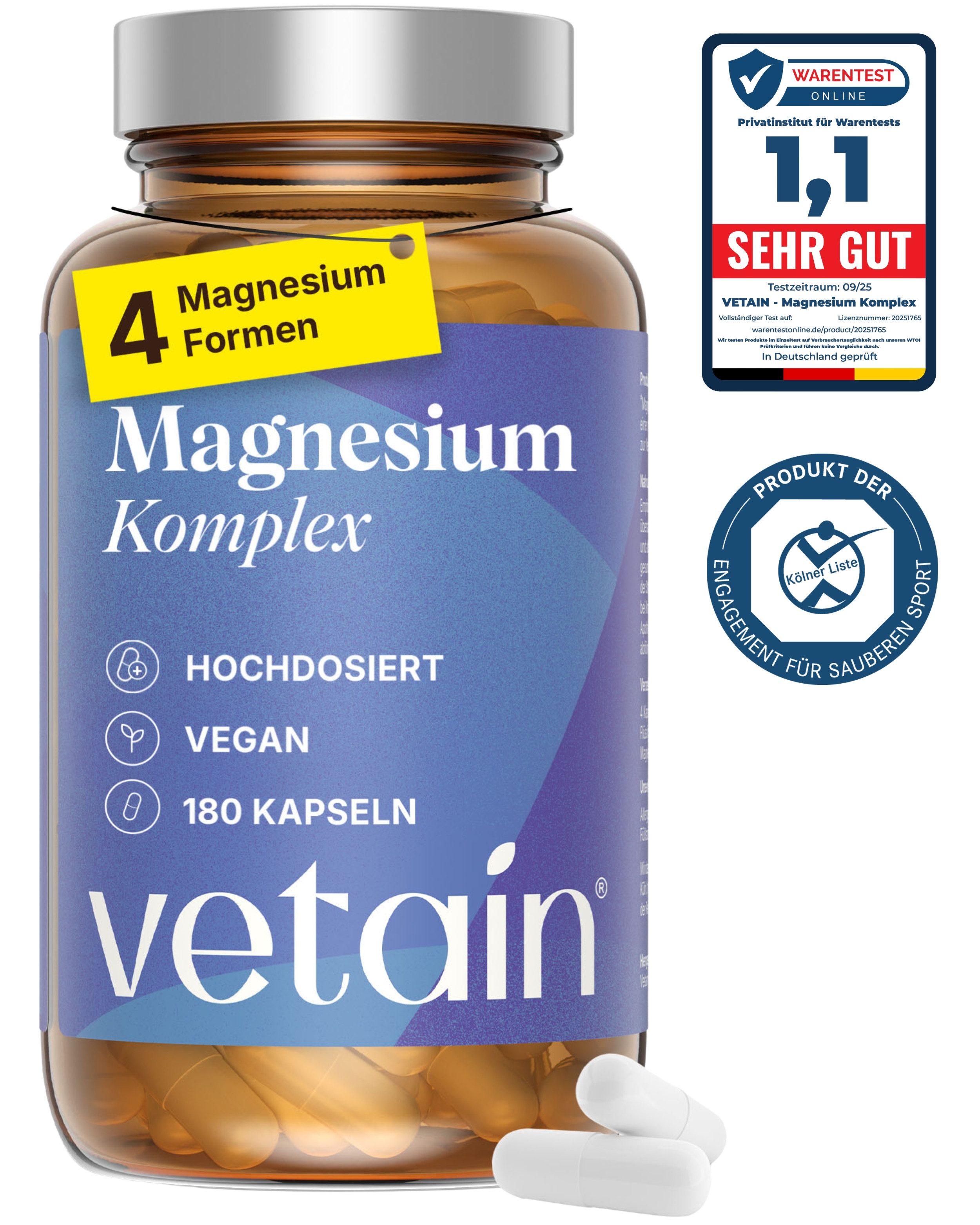 VETAIN Magnesium Komplex hochdosiert - Bisglycinat, Citrat, Malat & Taurat Kapseln, Packung à 180 St., Ohne unnötige Zusätze