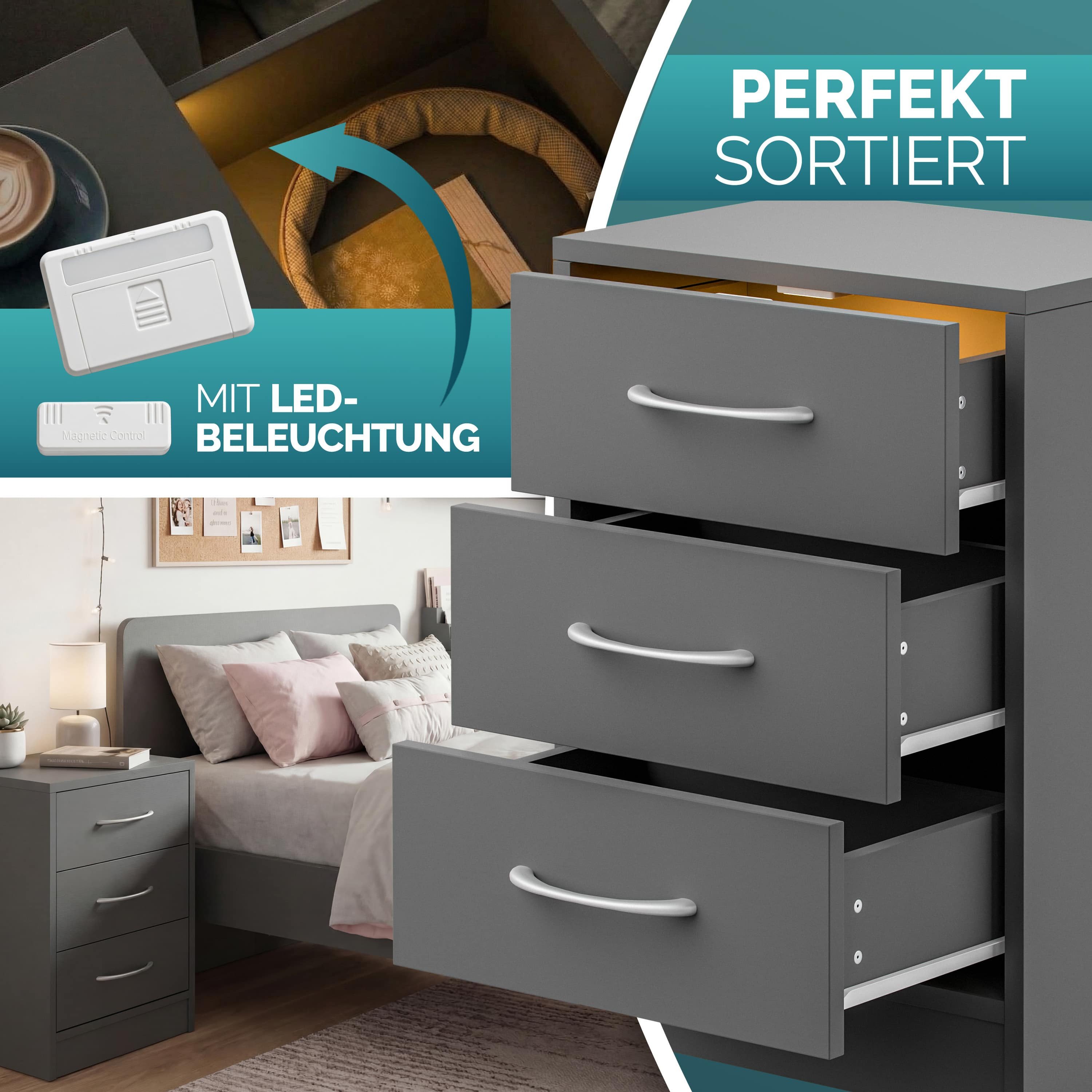 Casaria Nachttisch Eloise (1-St), mit LED 3 Schubladen Kabelführung Wandbefestigung Boxspringbett