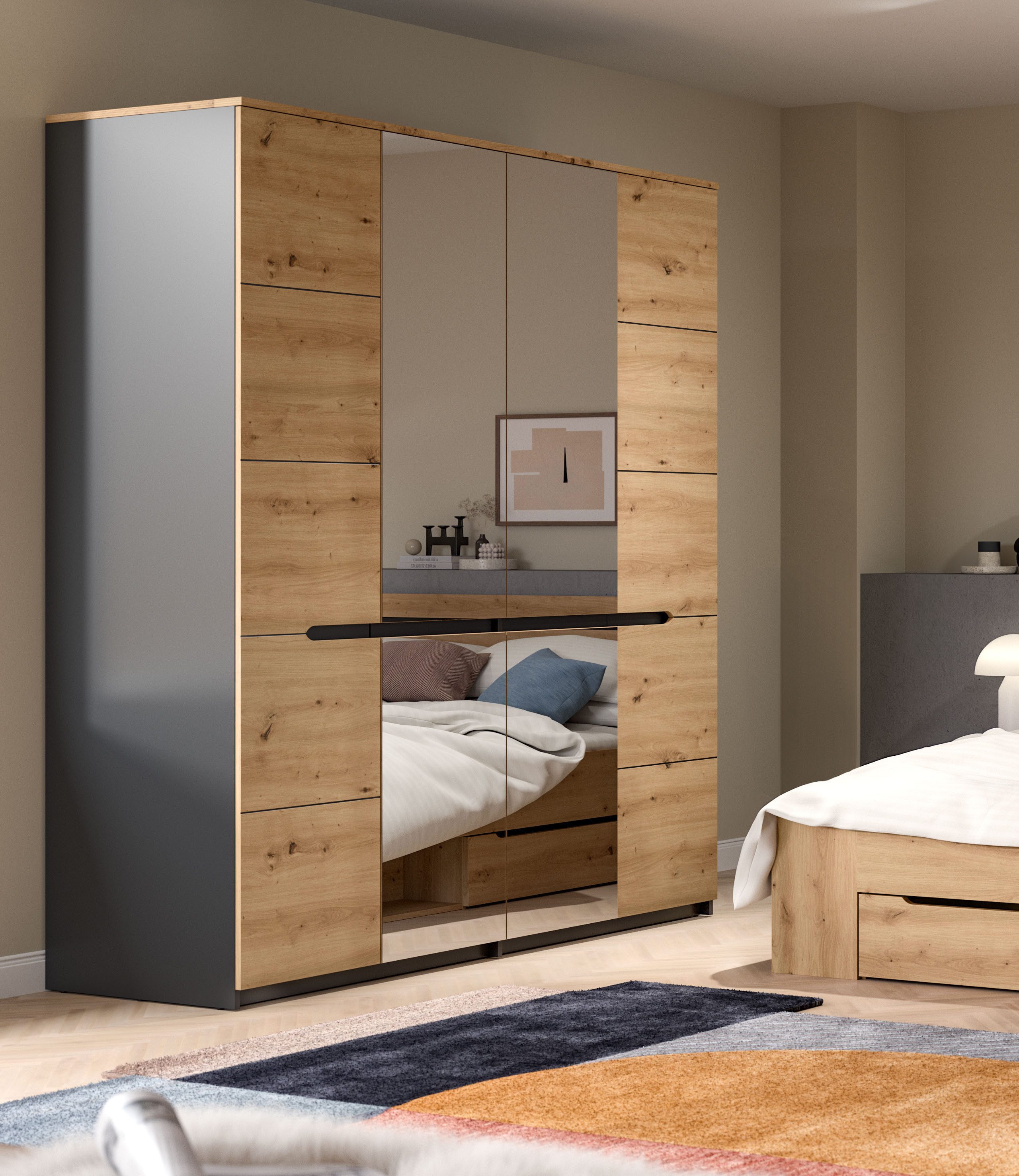 Home affaire Kleiderschrank REHAT, Breite 180 cm, 4 Türen, 2 Kleiderstangen, 4 Ablageböden (2-St) Schlafzimmerschrank, Schrank, Garderobenschrank, Garderobe