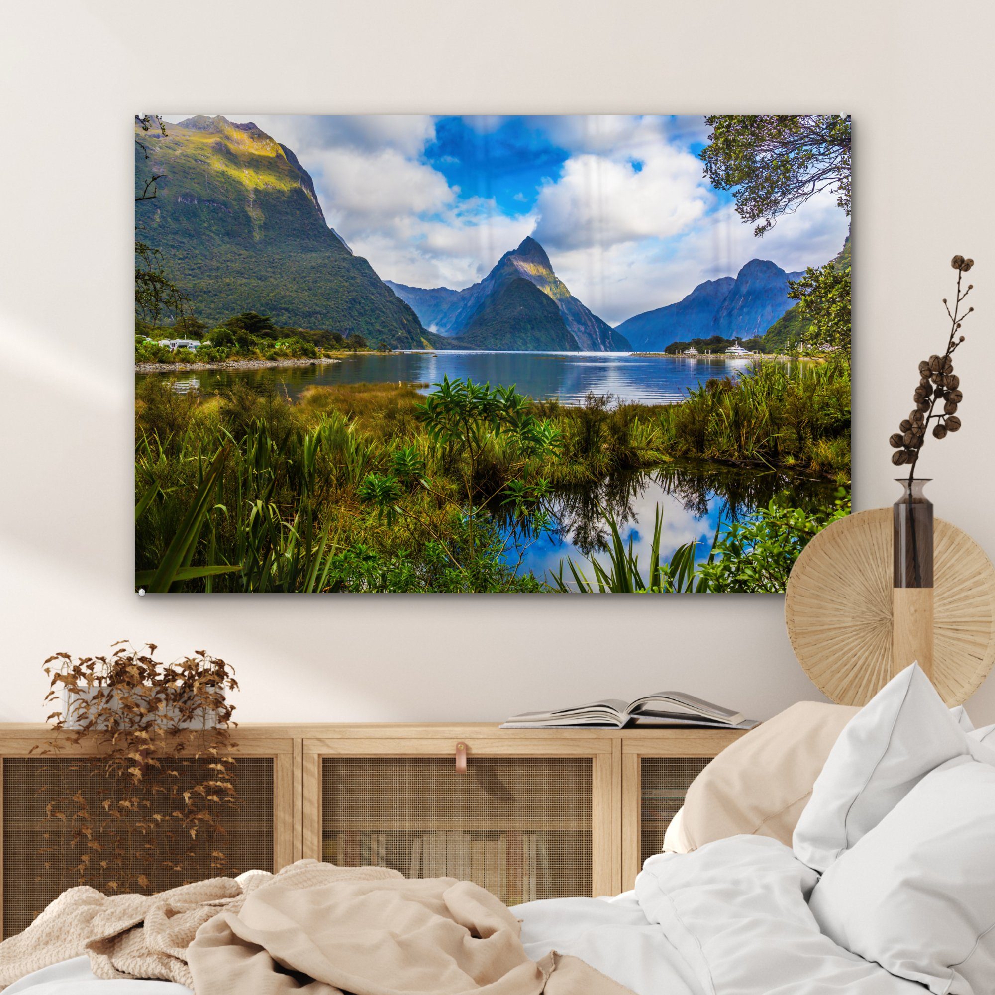 Neuseeland Wohnzimmer (1 MuchoWow Acrylglasbilder Tropisch, St), Schlafzimmer - Berge - & Acrylglasbild