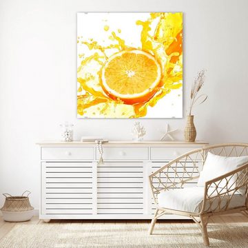 Primedeco Glasbild Wandbild Quadratisch Orangensaft spritzt mit Aufhängung, Früchte