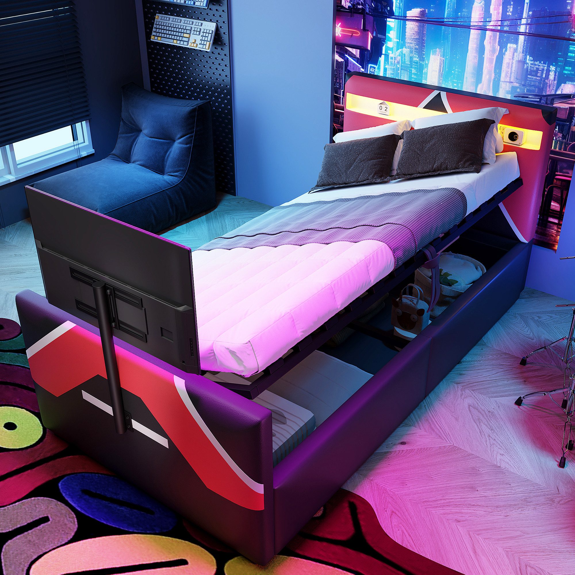 BlingBin Polsterbett Kinderbett Jugendbett Hydraulisches Bett mit LED-Beleuchtung (Einzelbett Spielbett Ohne Matratze, 1-tlg., mit Farbwechsel, hydraulischem Stauraum und integrierter TV-Halterung), 90 × 200 cm, im E-Sport-Stil mit PU-Lederbezug in Farbblockoptik