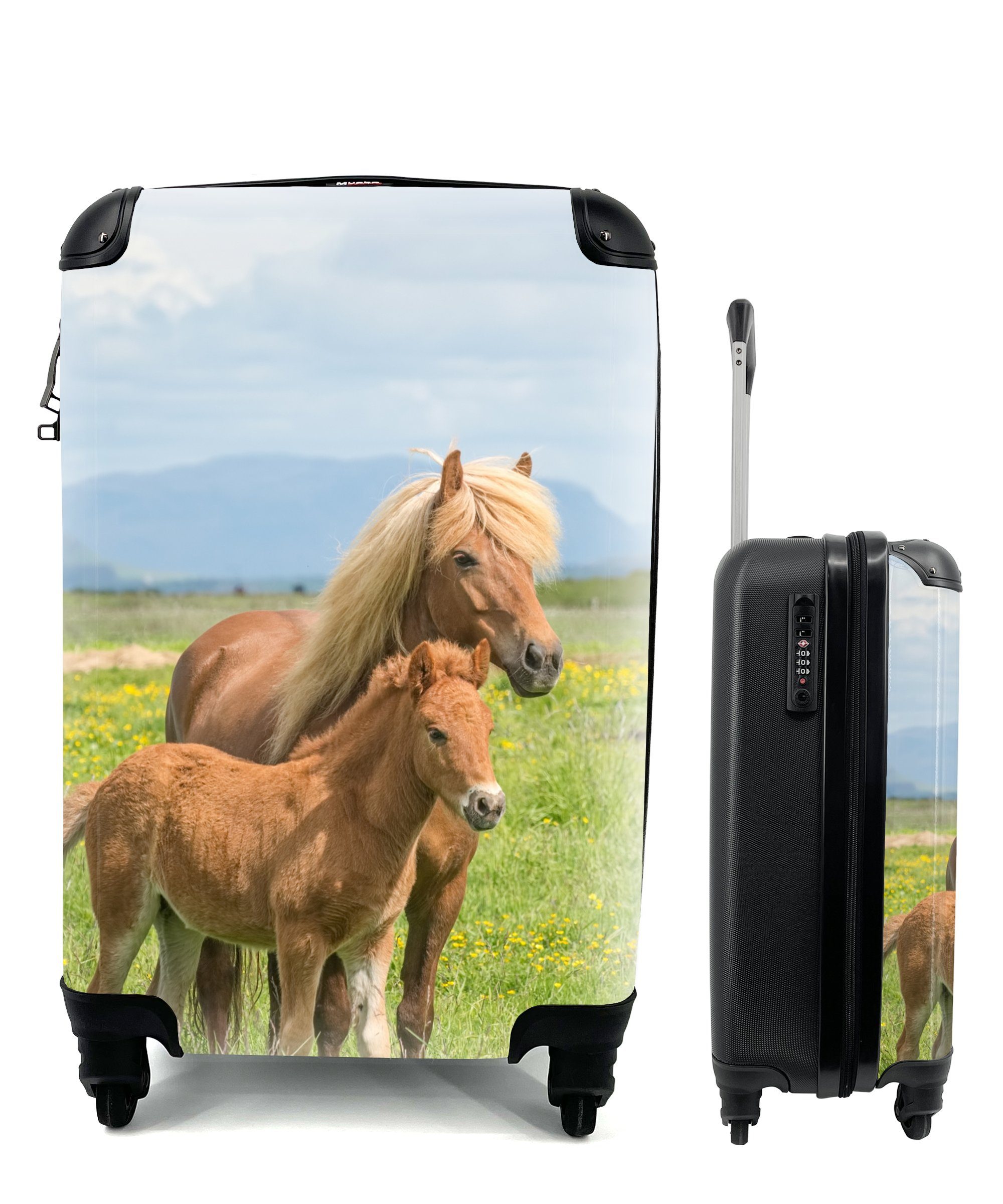 MuchoWow Handgepäckkoffer Pferde - Fohlen - Gebirge, 4 Rollen, Reisetasche mit rollen, Handgepäck für Ferien, Trolley, Reisekoffer