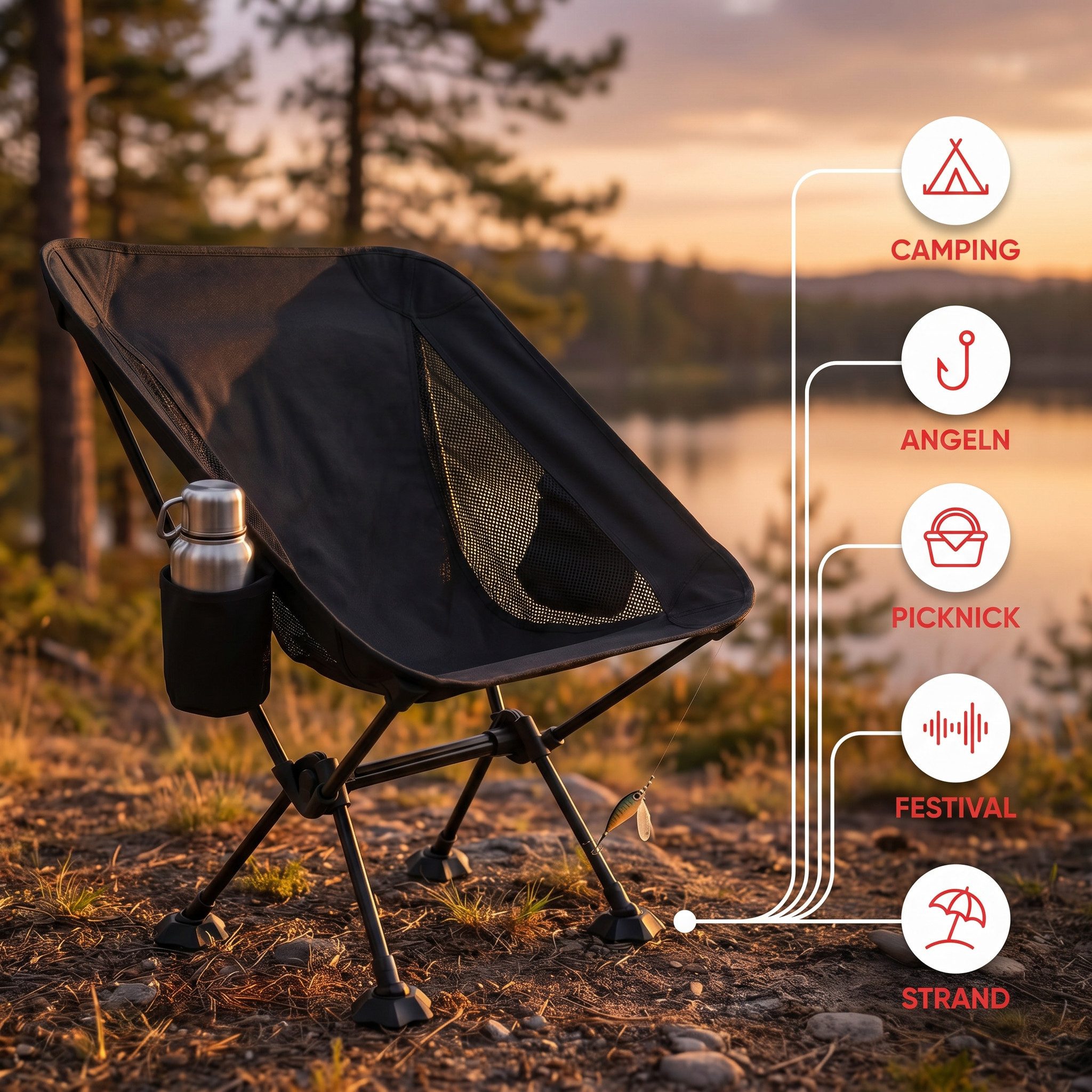 EVOCAMP Campingstuhl Gartenstuhl faltbar, bis 150 kg, klappbarer Anglerstuhl für Camping, mit Getränkehalter & Seitentasche – Bild 4 von 5