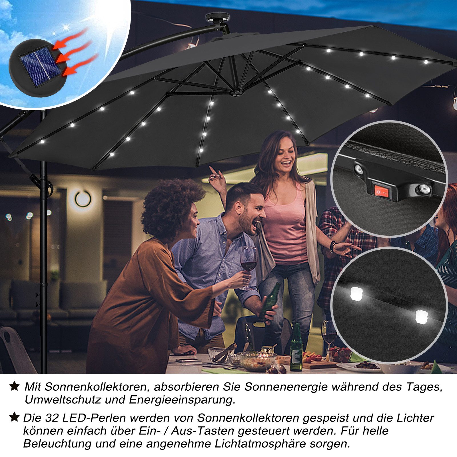 FIVMEN Sonnenschirm 300cm Balkonschirm Gartenschirm mit Solarbetriebene UV Schutz, Höhenverstellbarer Balkonschirm Gartenschirm Sonnenschirme – Bild 5 von 5