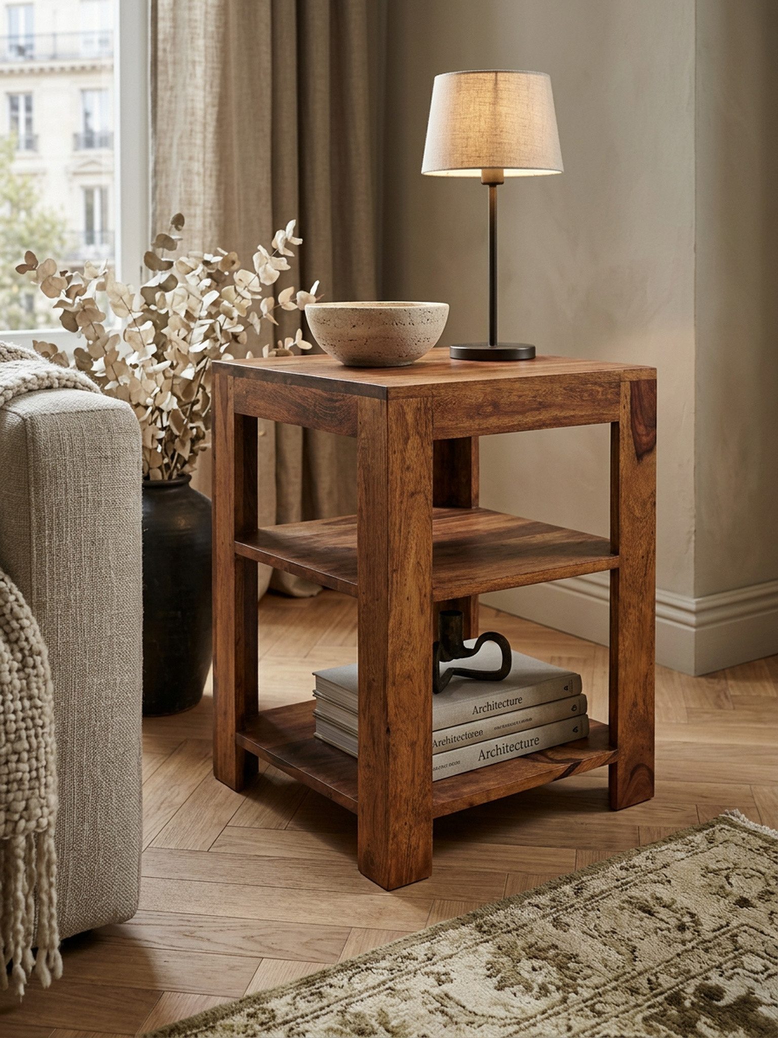KADIMA DESIGN Standregal Standregal MUMBAI Massiv-Holz 60 cm Wohnzimmer-Regal mit 2 Böden, Ablagefächer Design Landhaus-Stil Beistelltisch