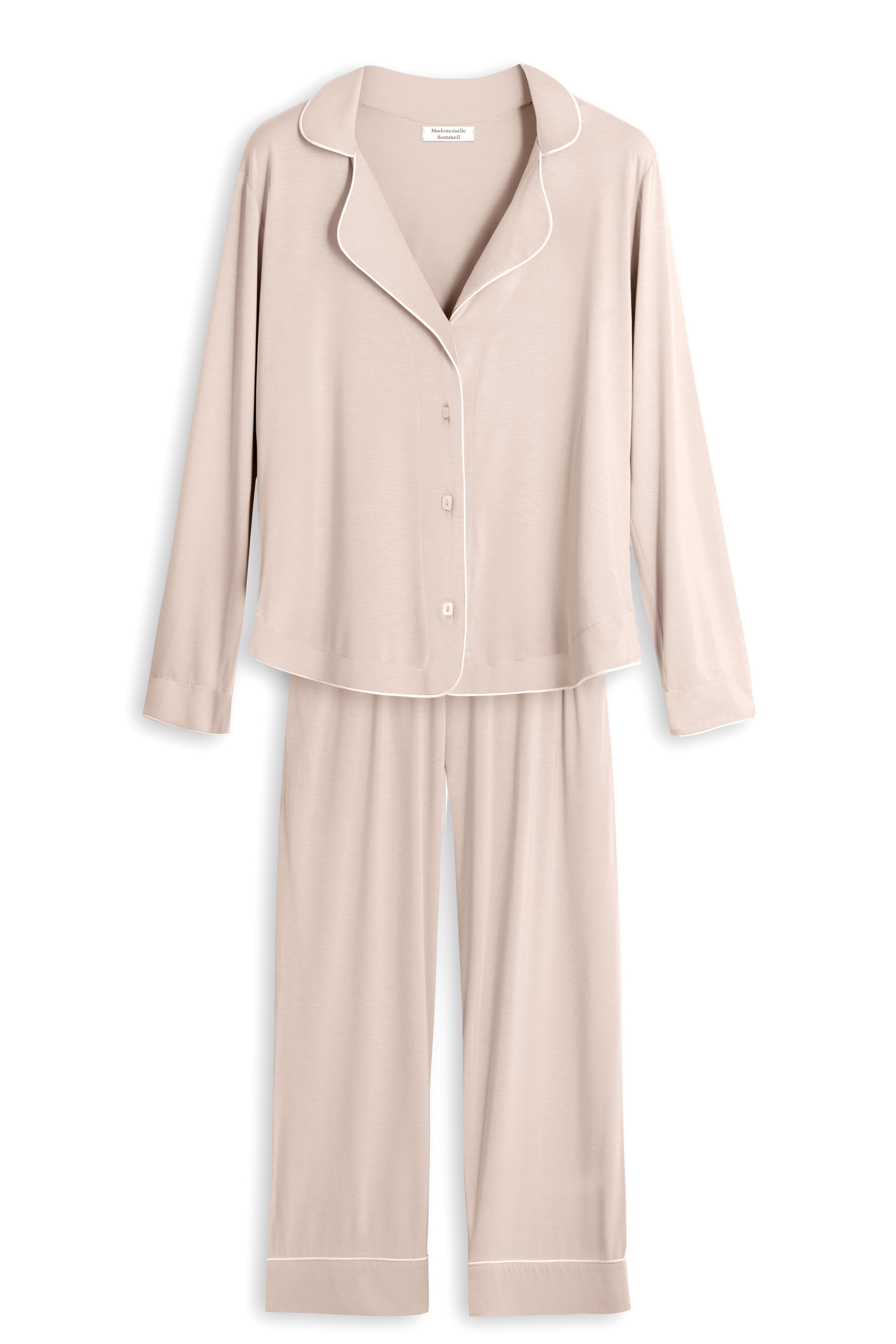 Mademoiselle Sommeil Pyjama Damen Schlafanzug aus EcoVero™ Viskose in schlichtem Taupe Hemdbluse & Hose, Kontrastpaspel, weich, gefertigt in Polen
