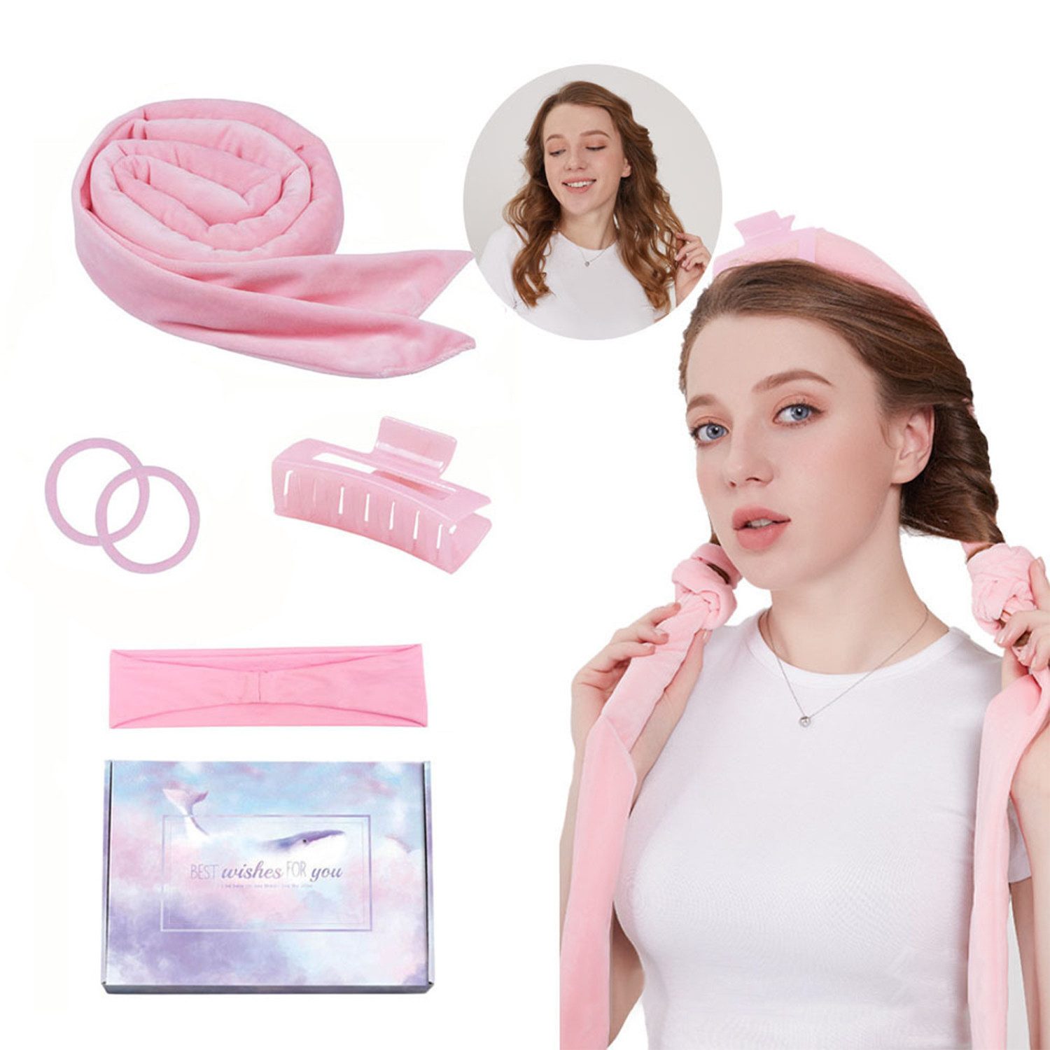 Refined Living Lockenwickler Lockendreher Neu Lockenwickler Locken Ohne Hitze DIY Heatless Curls, Band Samt mit 2 kleinen Haarbändern, quadratischem Clip, Stirnband, über Nacht DIY Hair Curler für Langes Mittleres Haar, sanft zum Haar