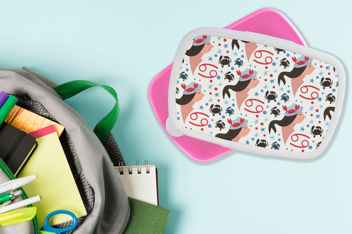 MuchoWow Kinder, rosa Muster, Krebs Erwachsene, Brotbox Kunststoff Lunchbox Mädchen, Snackbox, für - - (2-tlg), Kunststoff, Brotdose Tierkreiszeichen