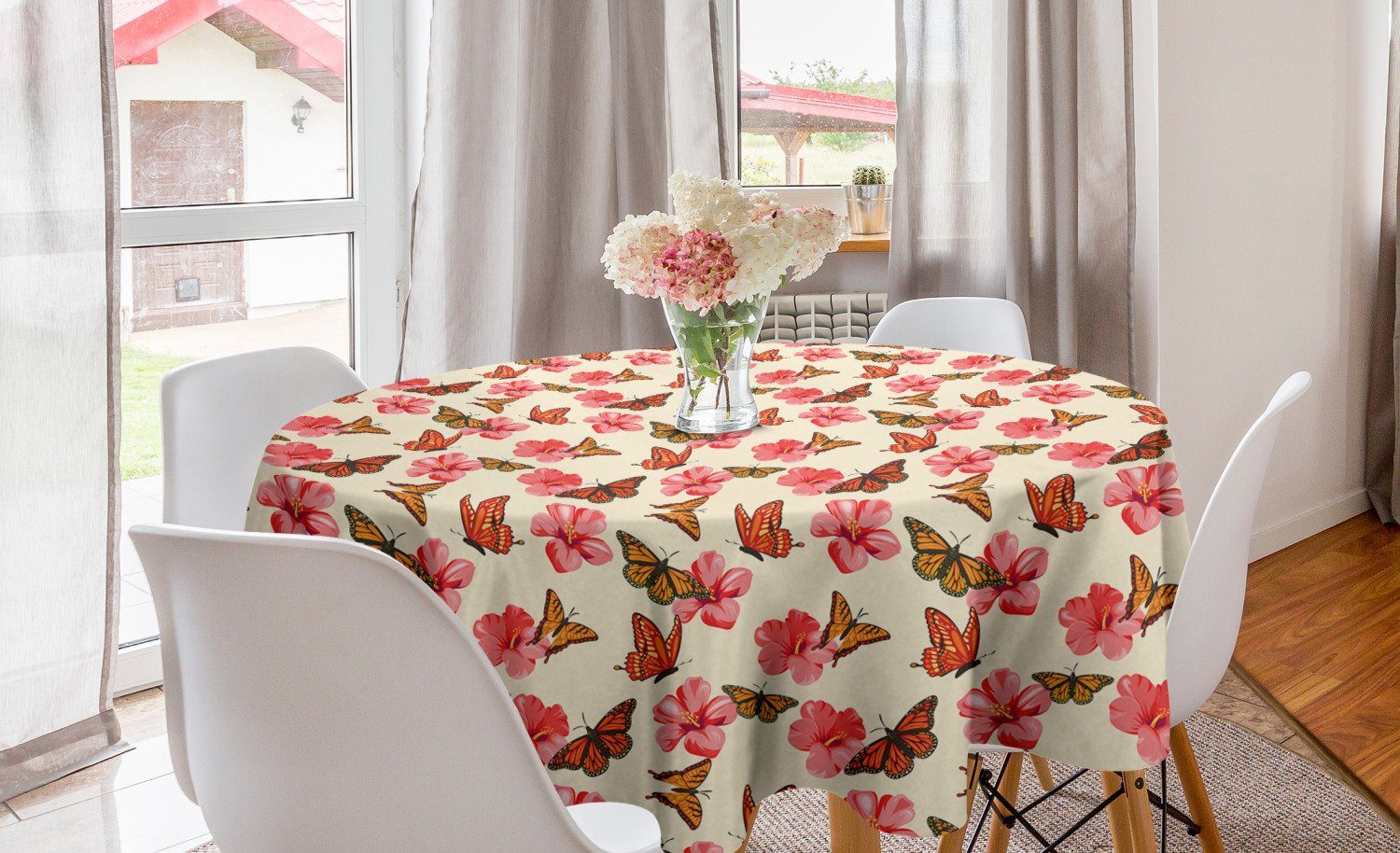 Abakuhaus Tischdecke Kreis Tischdecke Abdeckung für Esszimmer Küche Dekoration, Blumen Insekten Hibiscus Monarch