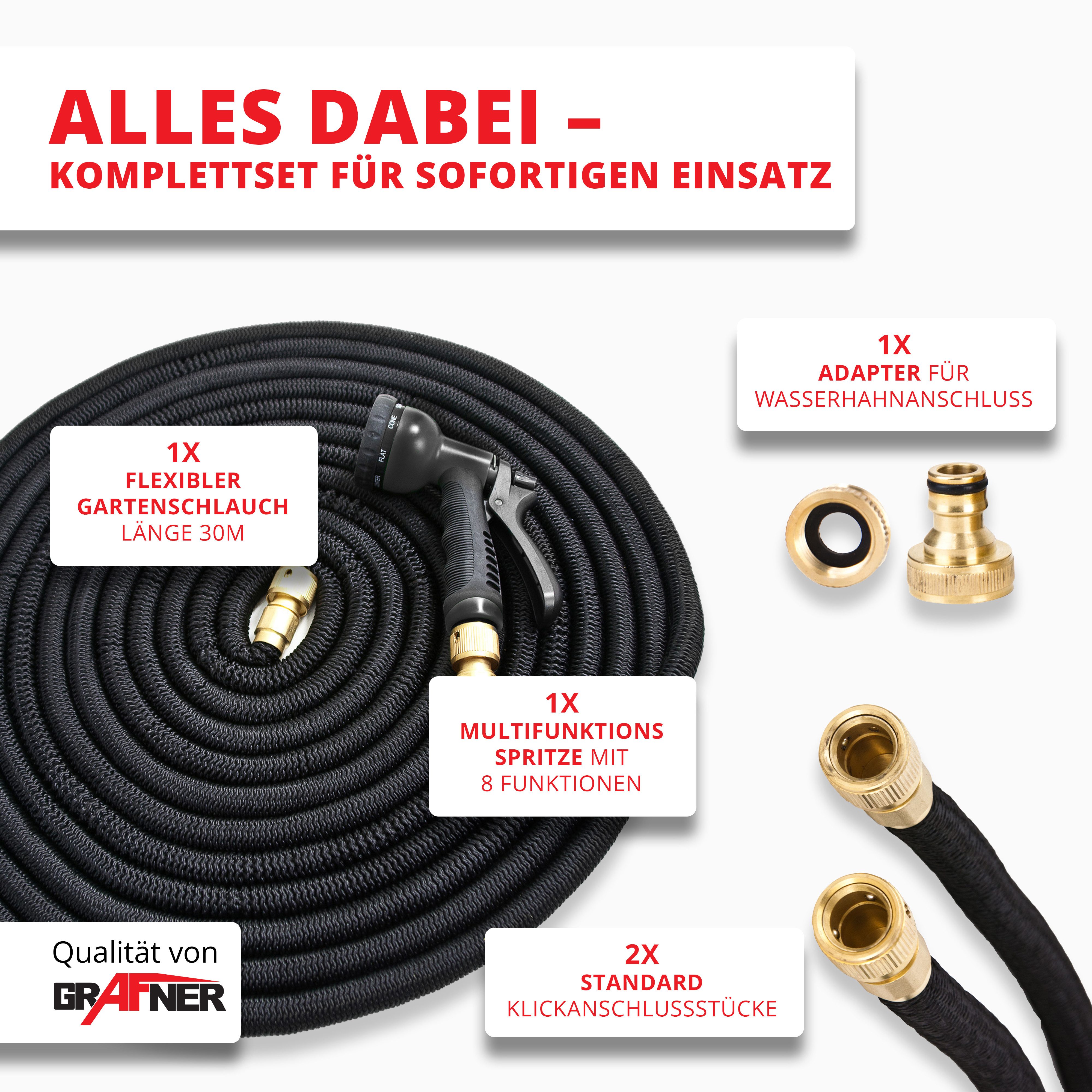 Grafner Gartenschlauch Gartenschlauch dehnbar flexibler Schlauch 1/2"Premium inkl. Brause, dehnbar, flexibel, automatisches ausdehnen