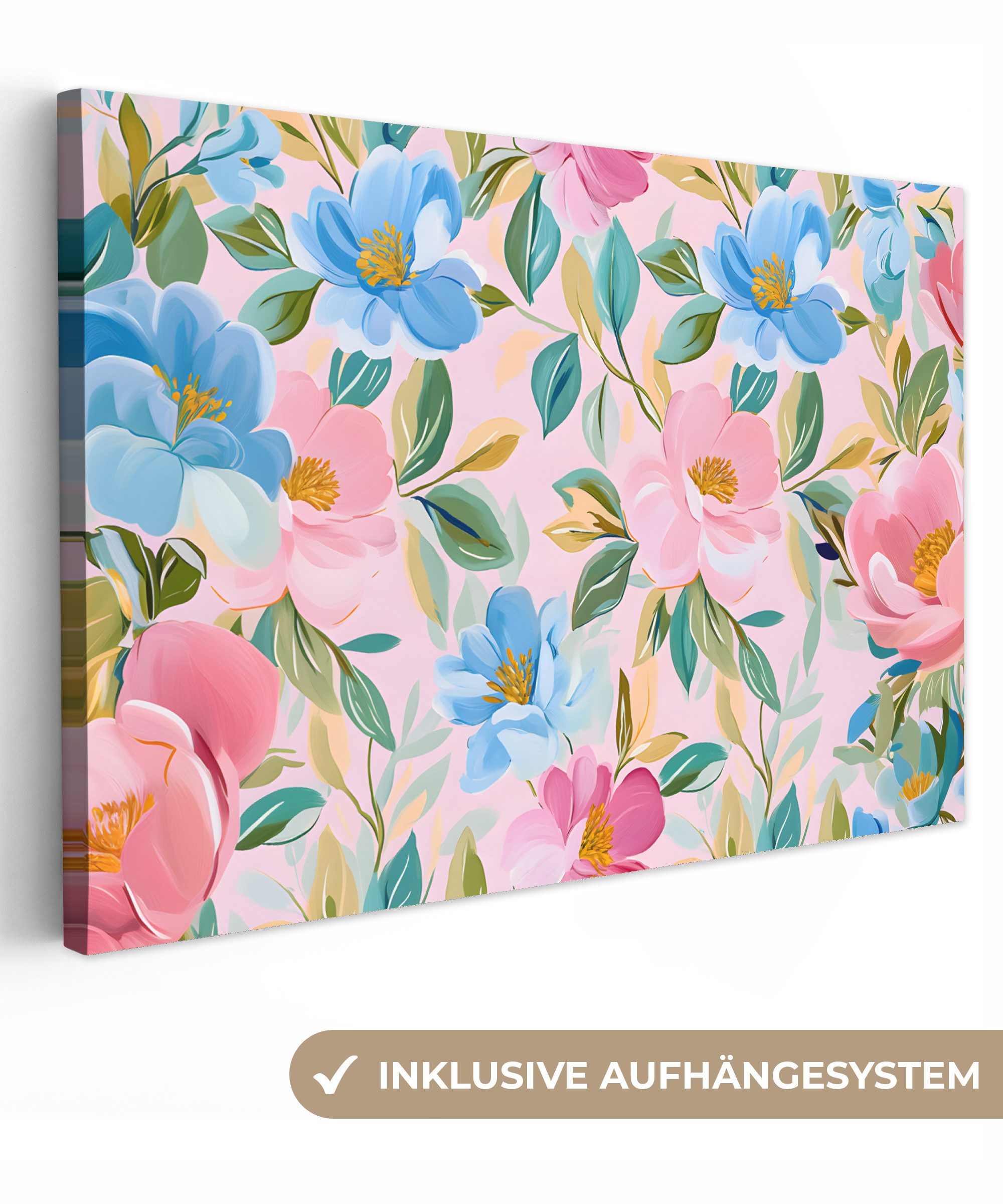 Leinwandbild Blau - Rosa - Blumen