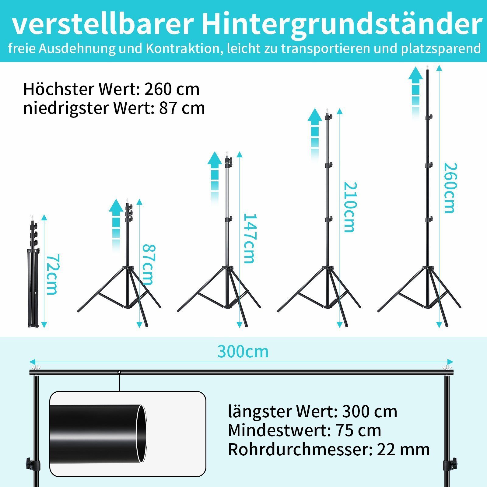 TLGREEN Hintergrundsystem Fotohintergrund Ständer, Verstellbarer Hintergrundsystem, 2.6×3m,Höhenverstellbar mit Hintergrundclip und Sandsack