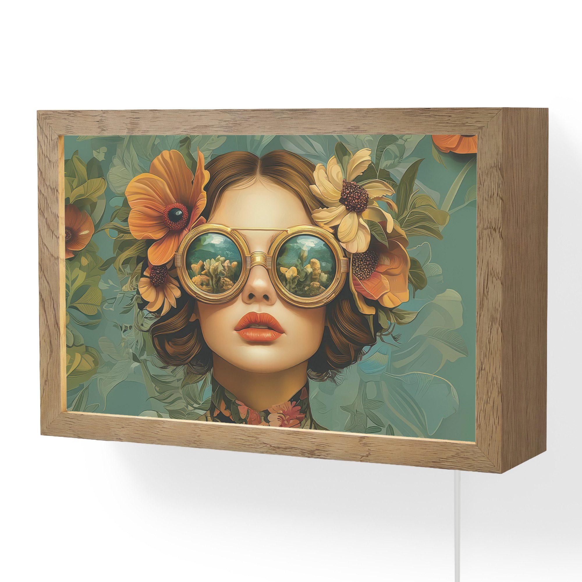 OnlyWow Wandleuchte Lightbox Frau - Blumen - Schmetterlinge - Natur - Vintage, Dimmbar, Farbwechsel, LED, Warmweiß, Kaltweiß, Neutralweiß Einstellbar, Wandlampe Innen, Dimmbar, mit Kabel, LED, Modern, Schlafzimmer
