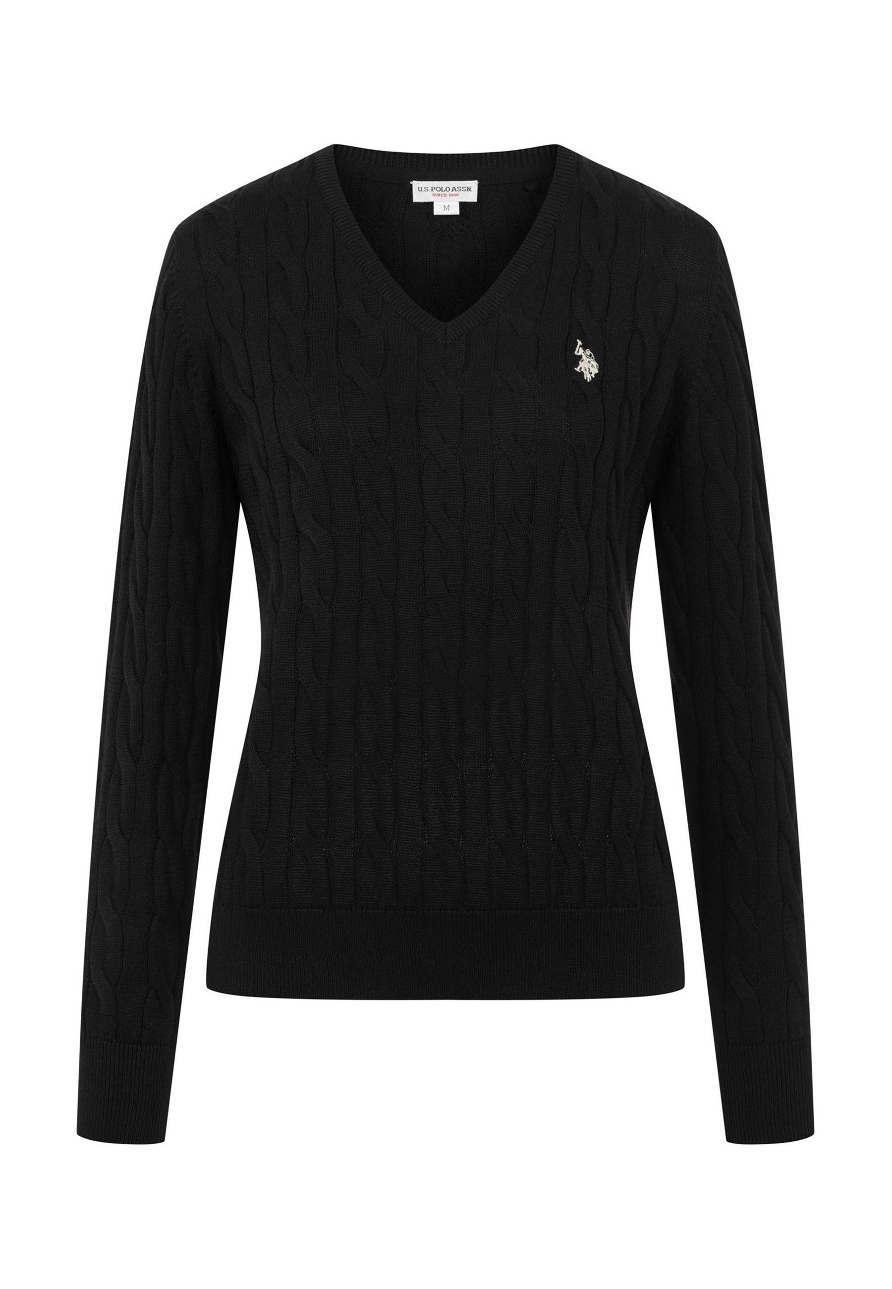 U.S. Polo Assn. Rundhalspullover mit Zopfmuster und V-Ausschnitt Klassischer Strickpullover mit Rippbündchen und dezenter Logostickerei – Bild 5 von 5