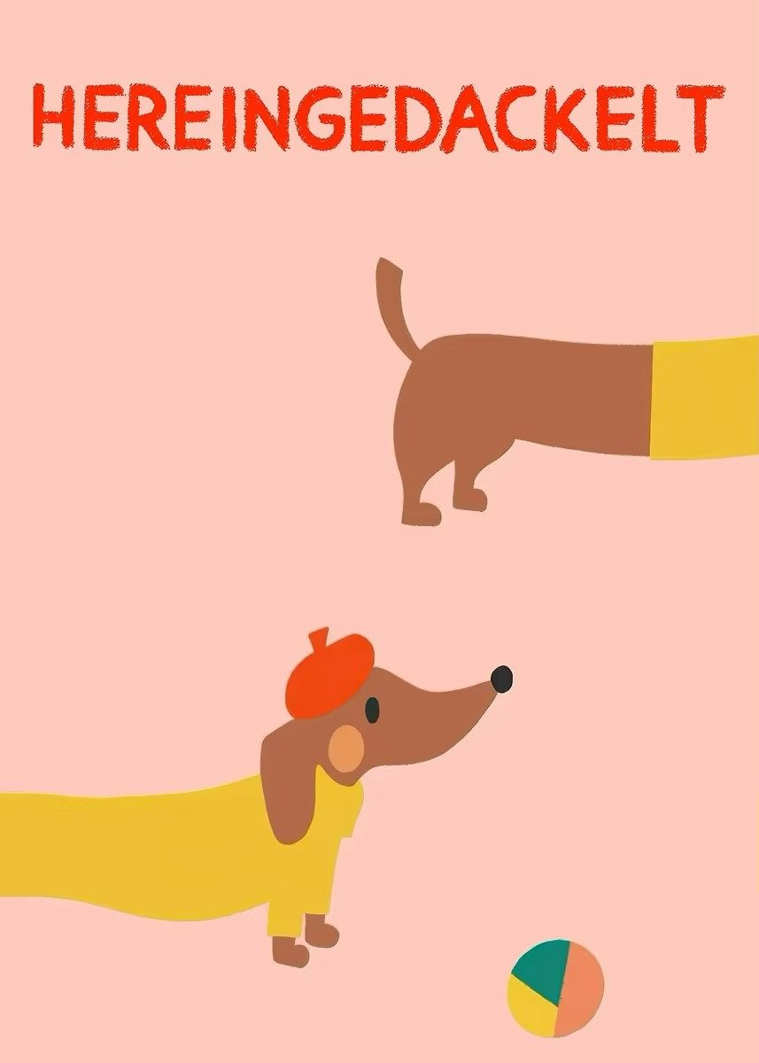 TPFLiving Kunstdruck (OHNE RAHMEN) Poster - Leinwand - Wandbild, Cartoon-Dackel, abstrakte Kunst, lustiges Tiermotiv auf Leinwand (Leinwandbild XXL), Farben: Orange, Gelb, Blau, Rot, Rosa, Schwarz -Größe: 20x30cm