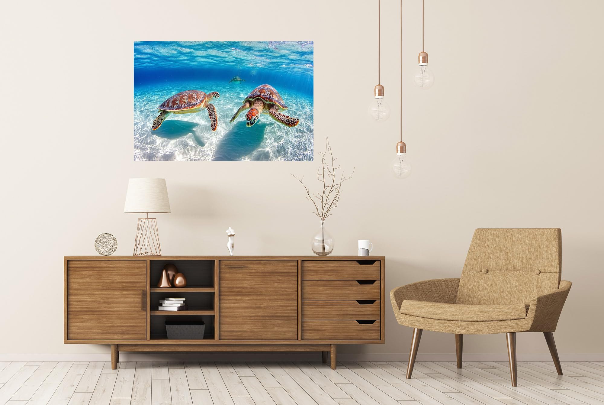 islandburner Poster Zwei Meeresschildkröten unter klarem blauem Wasser für Badezimmer