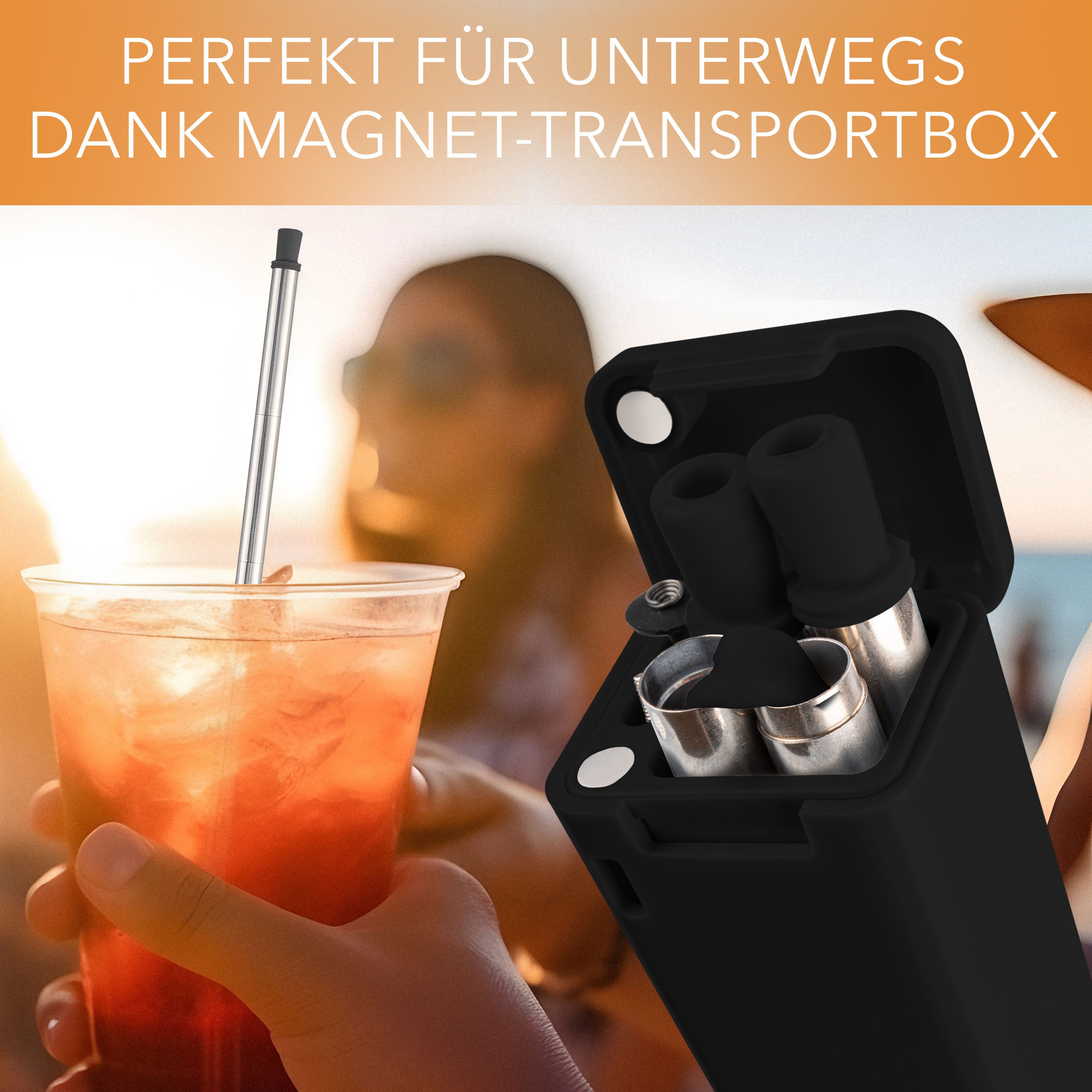 AVANA Trinkhalme wiederverwendbare Edelstahl Strohhalme faltbare Silikon Trinkhalme, (2er Set), BPA-frei, mit Reinigungsbürste und Magnetbox