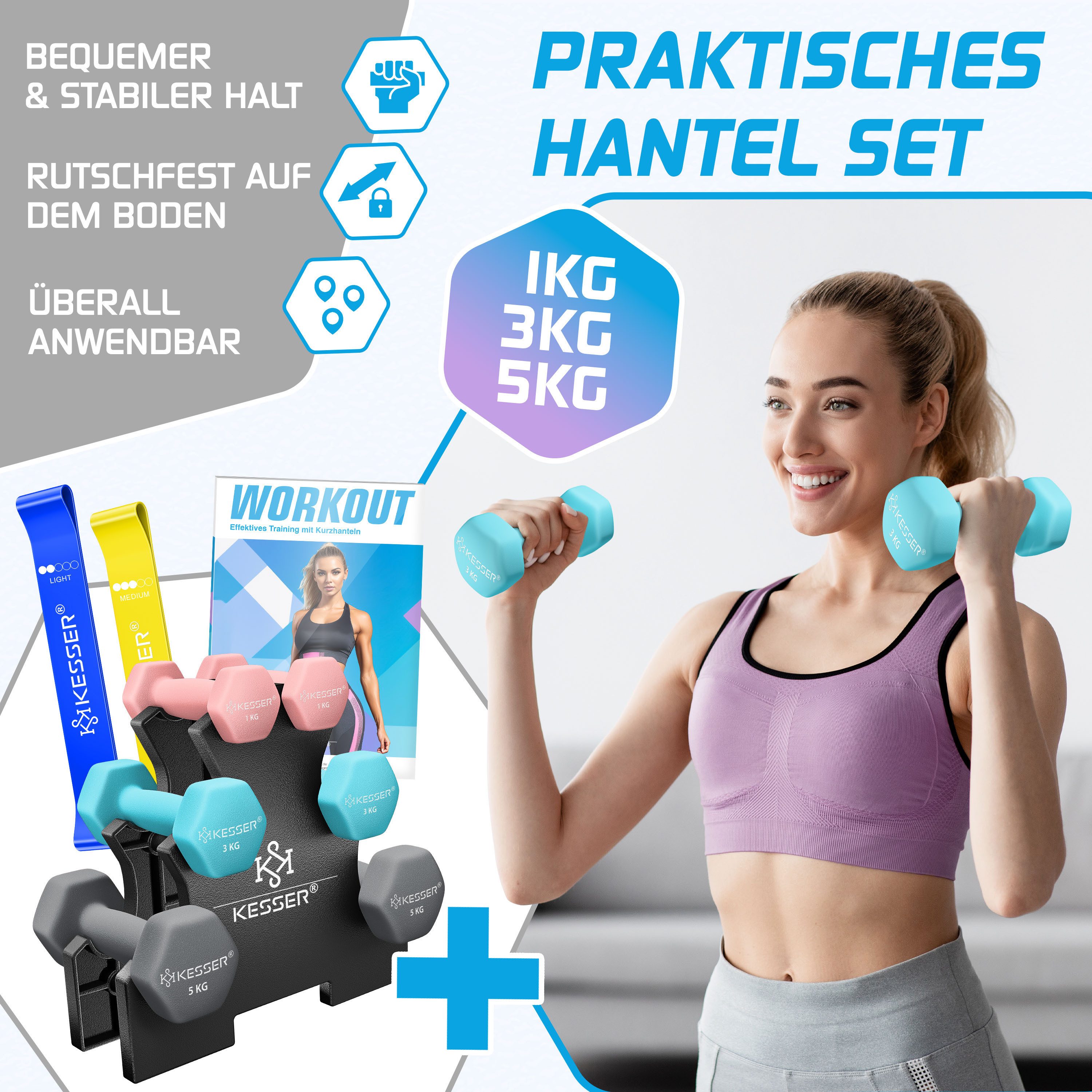 KESSER Hantel-Set, (18 kg Set 2 x (1+3+5)kg), Kurzhantel Gymnastikhanteln mit Ständer Aufbewahrung