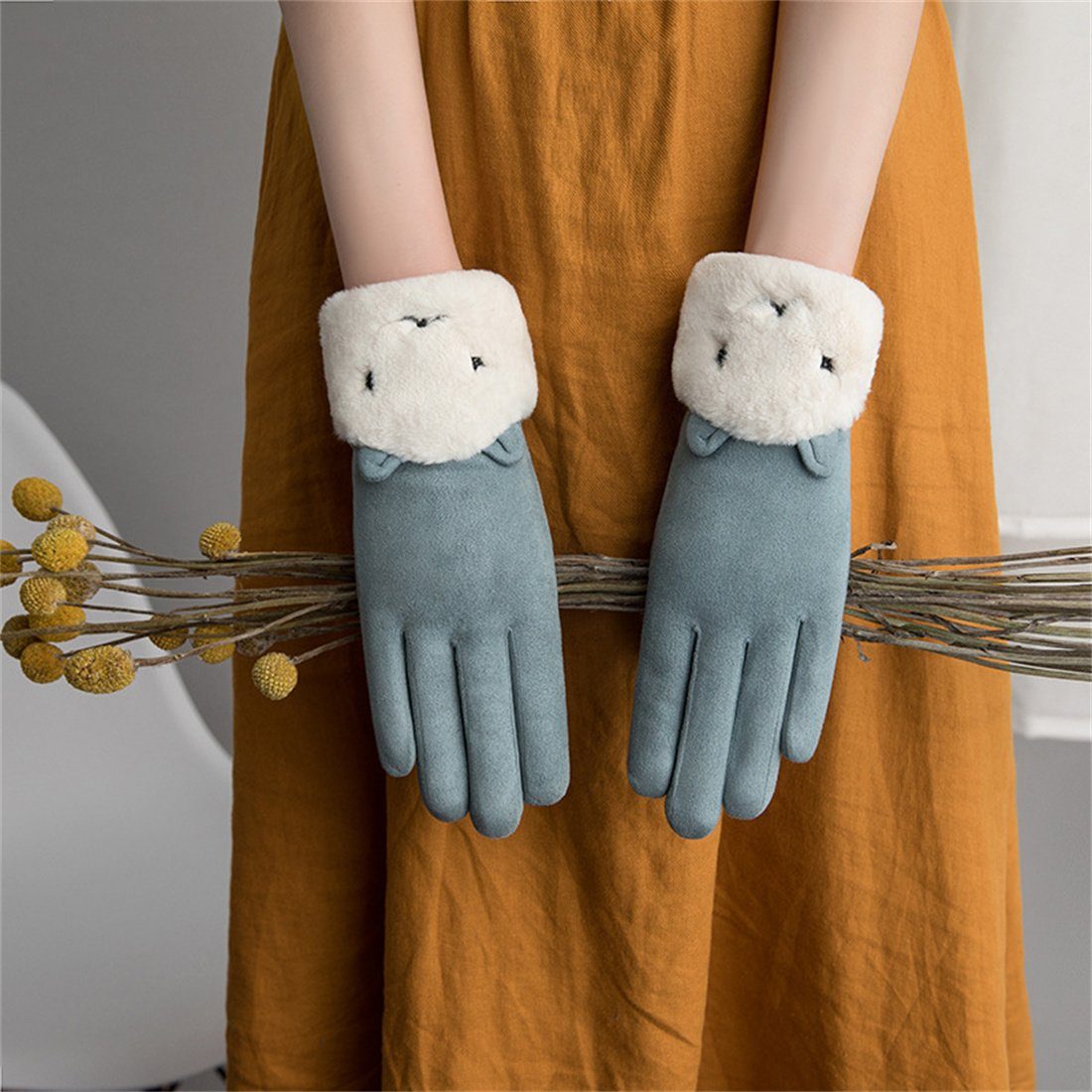 DÖRÖY Fleecehandschuhe Damen Winter Cartoon gepolsterte warme Handschuhe, Reithandschuhe blau