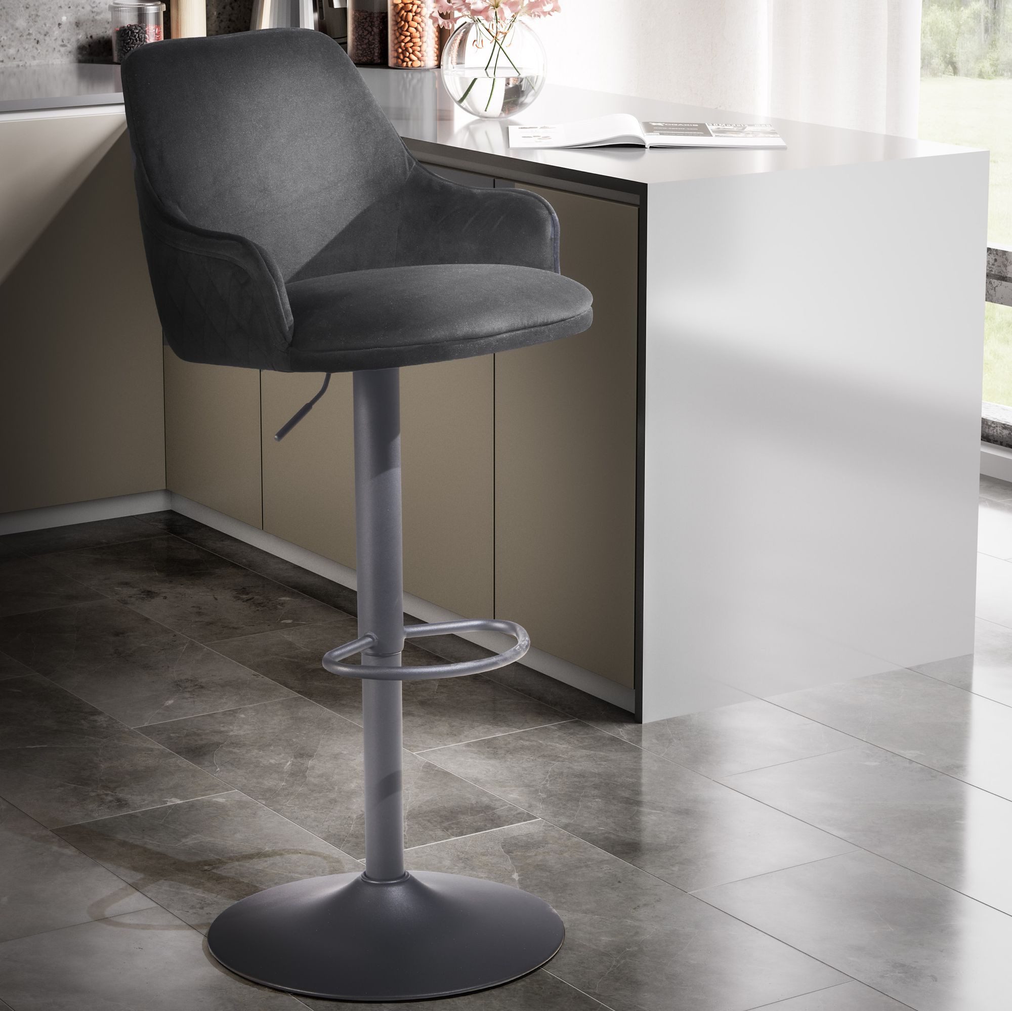 FINEBUY Barhocker FB60340 Küchenhocker Samt Hocker Bistrohocker Barstuhl Drehbar (Küchenhocker Höhenverstellbar 100 kg, Barstuhl), Samt Schwarz Hocker mit Lehne 86 - 106 cm Modern