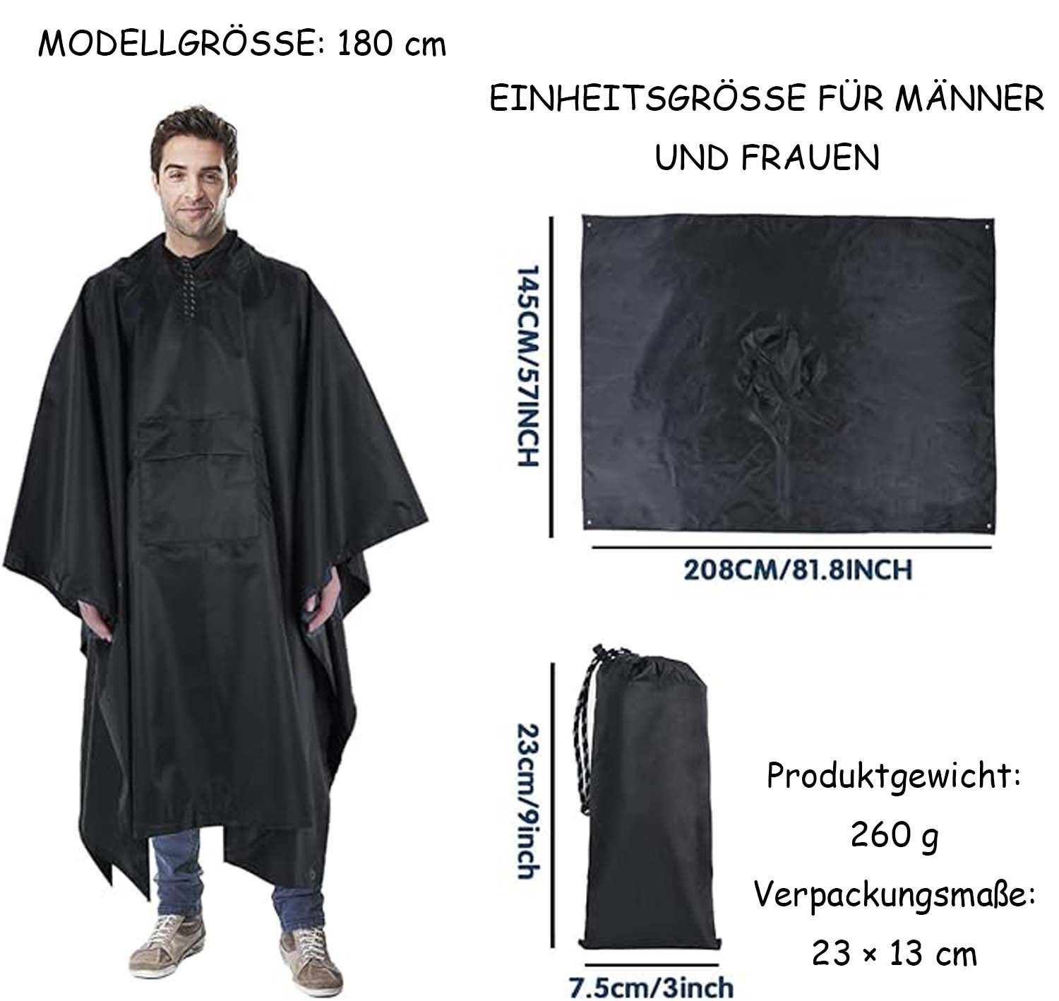 nsihing Regenjacke Regencape mit Kapuze 3 in 1 Multifunktional Atmungsaktiv