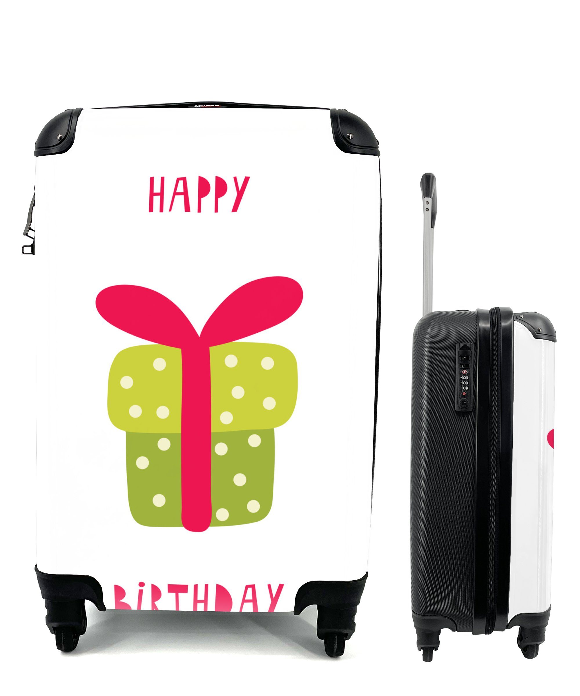 für Illustration mit Birthday" Reisekoffer Handgepäck "Happy Geschenk, dem Ferien, Trolley, Reisetasche 4 rollen, mit und Rollen, Zitat grünen Handgepäckkoffer MuchoWow einem