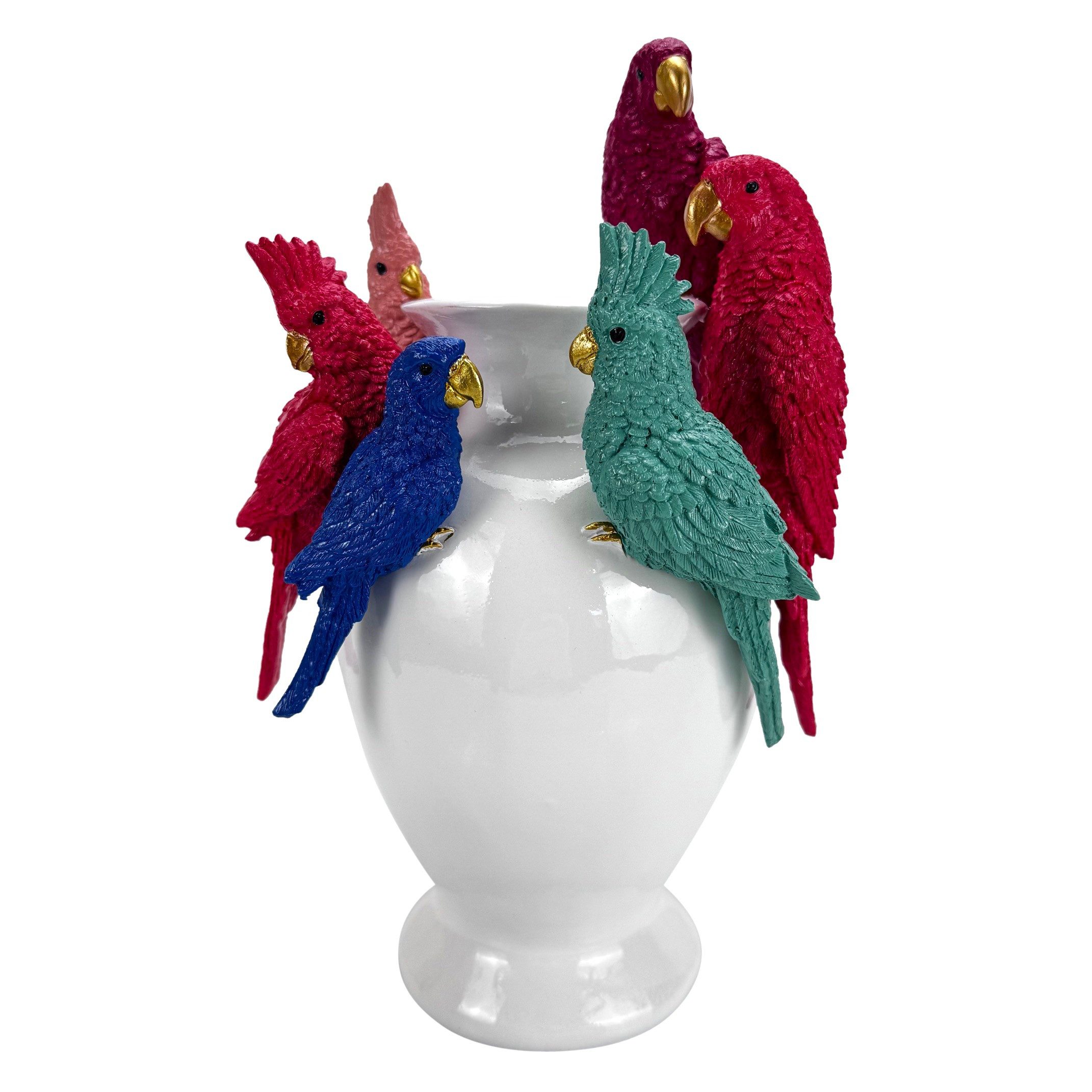 Online-Fuchs Tischvase in Weiß mit 6 Papageien besetzt - moderne Deko Vase - 30 cm groß (mit goldenen Schnäbeln verziert, wetterfest), modern - stilvoll - elegant - exotisch - außergewöhnlich