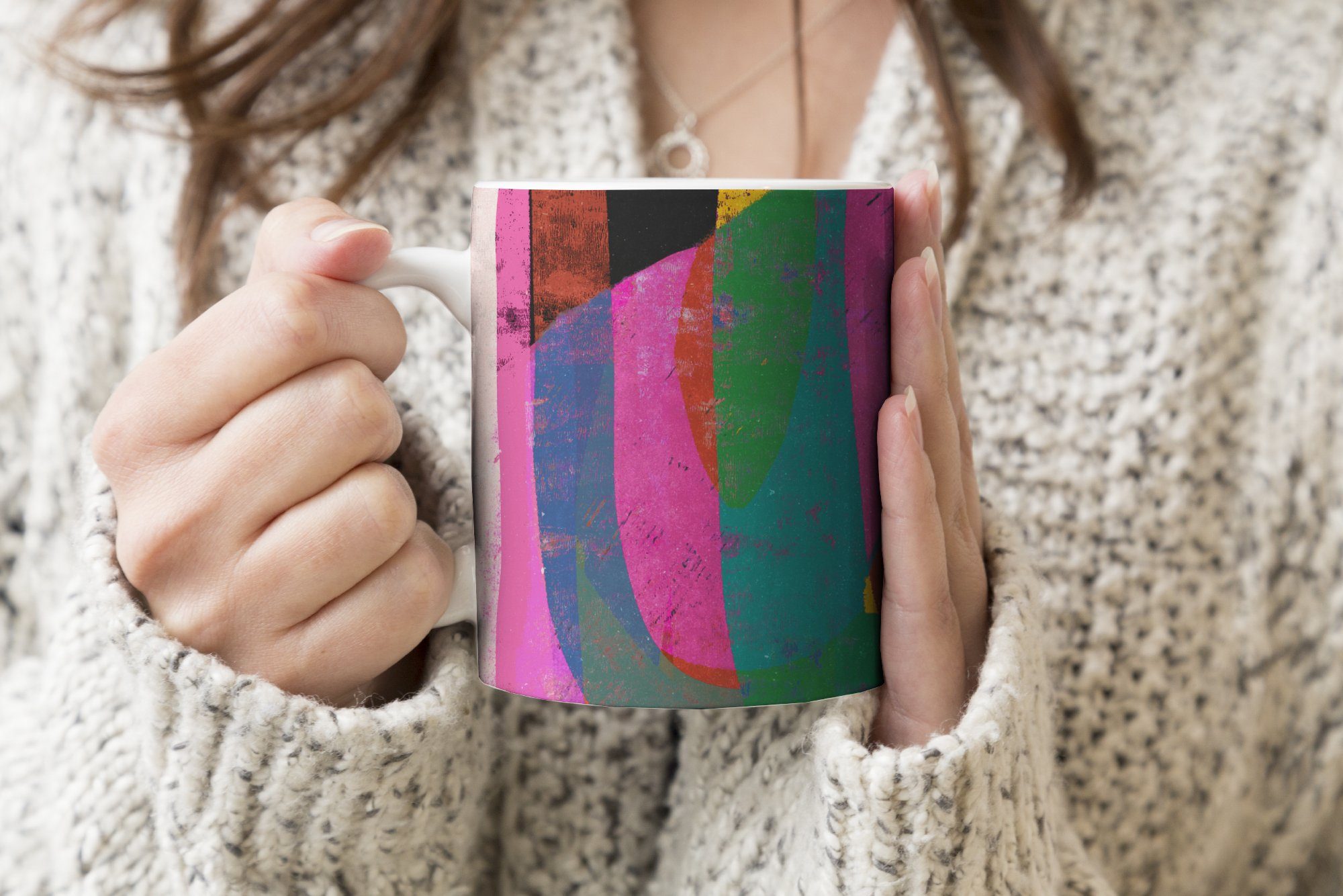 MuchoWow Tasse Abstrakt - Teetasse, Teetasse, - - Keramik, Farben Kunst, Rosa - Kaffeetassen, Geschenk Becher, Grün