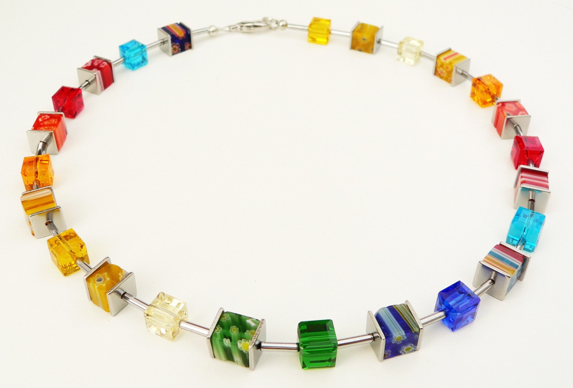 traumschmuck Collier 107c Collier Würfel Glas Millefiori Kristallglas facettiert bunt (inkl Schmuckbox), handgefertigt, Made in Germany