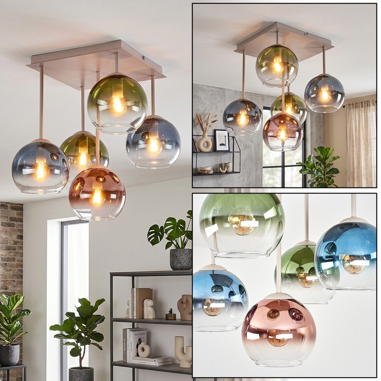 hofstein Deckenleuchte Deckenlampe aus Metall/Glas in Sandfarben/Weiß/Blau/Grün/Kupfer/Klar, moderne Deckenleuchte im Retro/Vintage-Design, 5 x E14