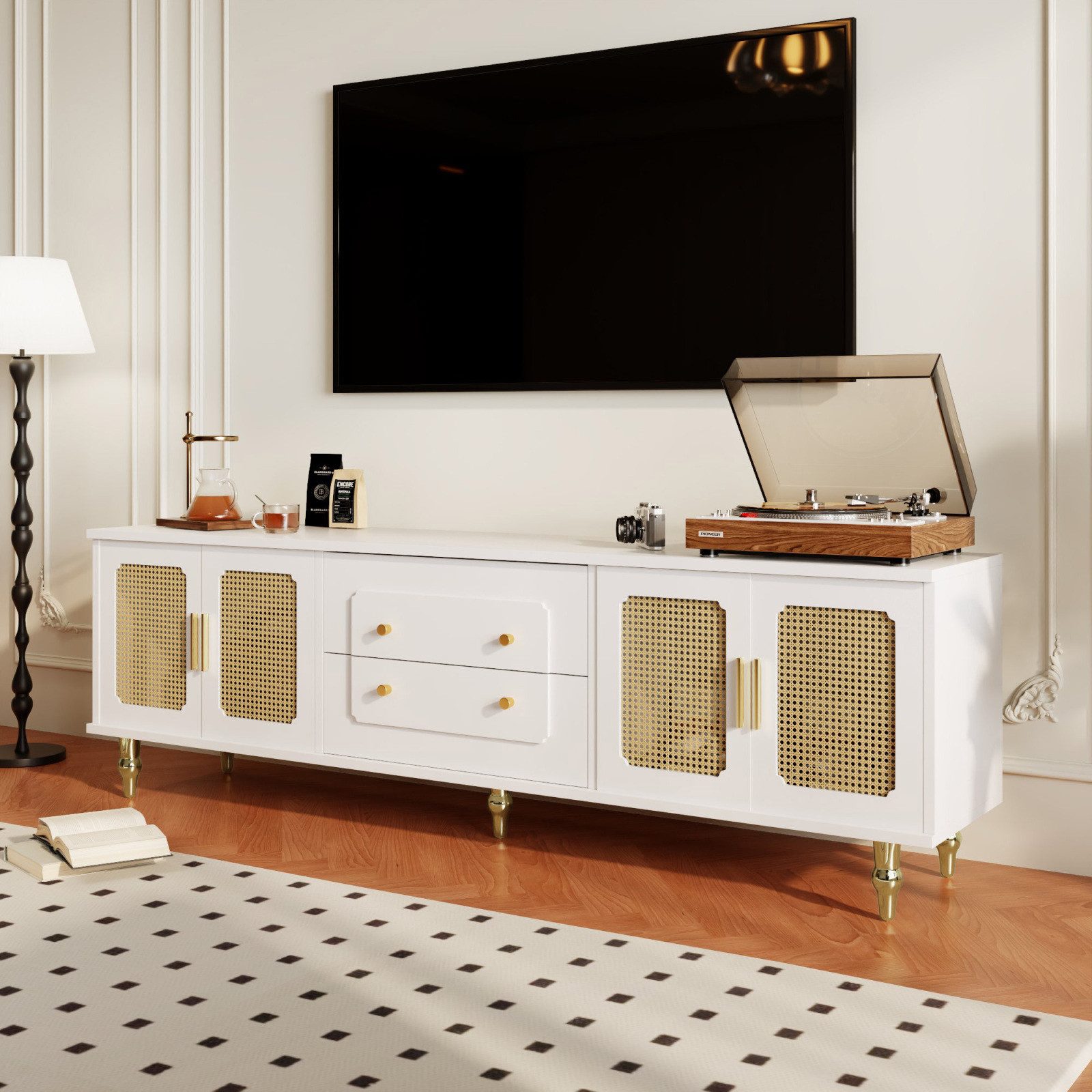 Simurq TV-Schrank TV-Lowboard 175 cm Weiß, 4 Türen in Rattanoptik (TV-Schrank mit viel Stauraum) Push-to-open-Schubladen, goldfarbene Metallfüße
