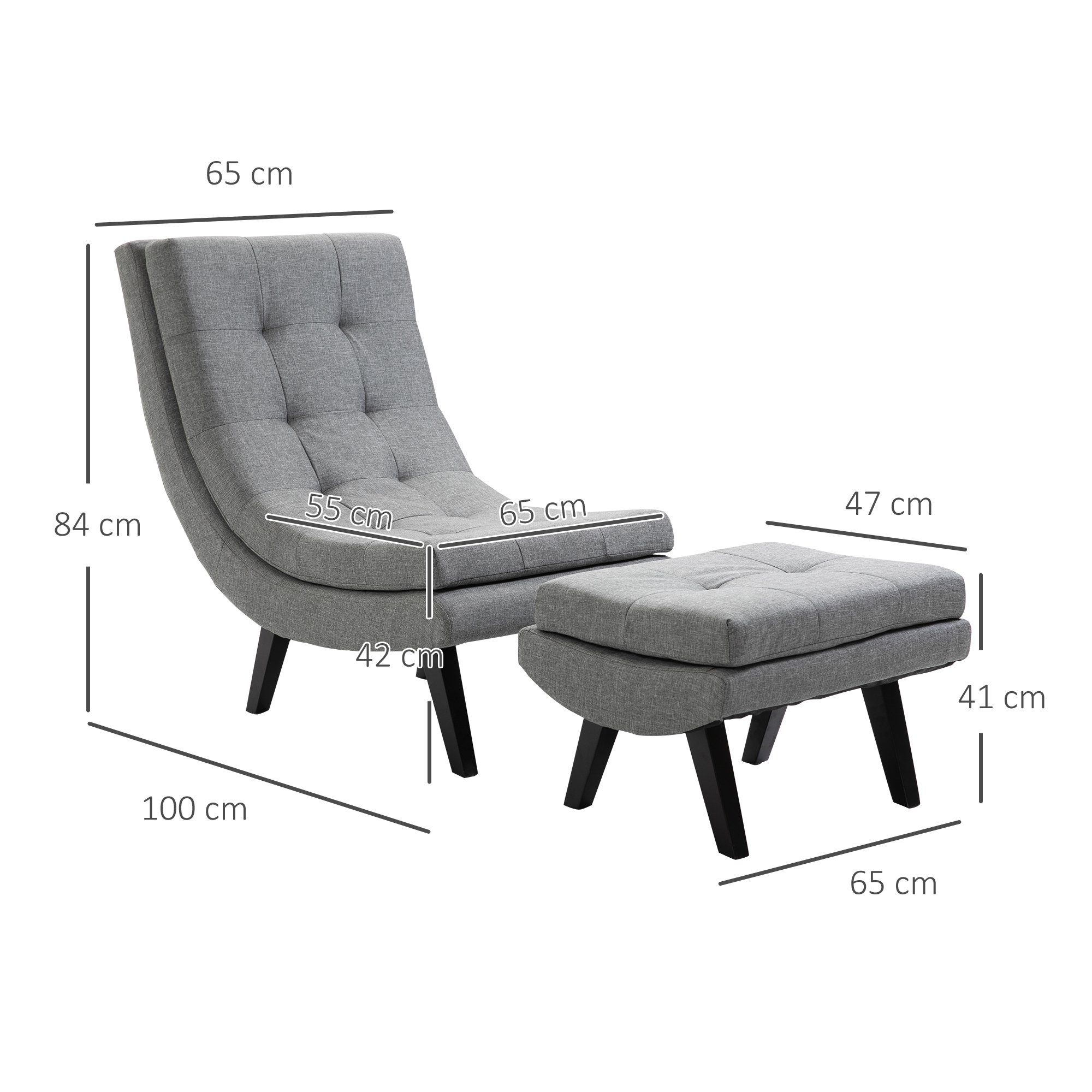 Kautschukholzbeine Sessel, Chaiselongue Relaxsessel HOMCOM Relaxliege Fußhocker mit Leinen Sessel grau