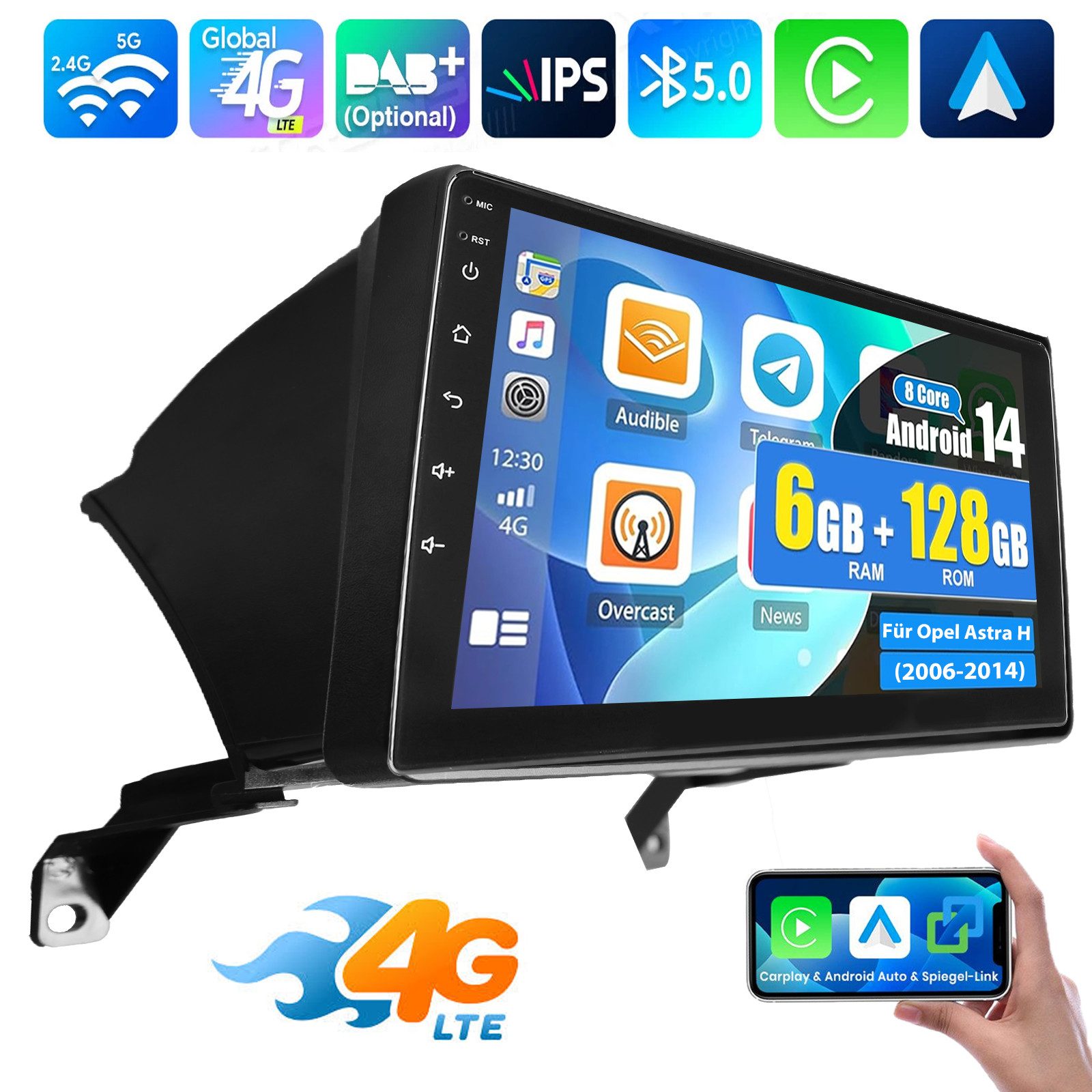 ESSGOO 6+128G Für Opel Astra H 2006-14 Carplay Android 14 Autoradio Navi GPS Autoradio (DAB (optional), DAB+ (optional), 4G LTE, RDS, AM, FM, 6GB+128GB, Carplay Android Auto Bluetooth EQ USB GPS Navi WIFI Touchscreen)