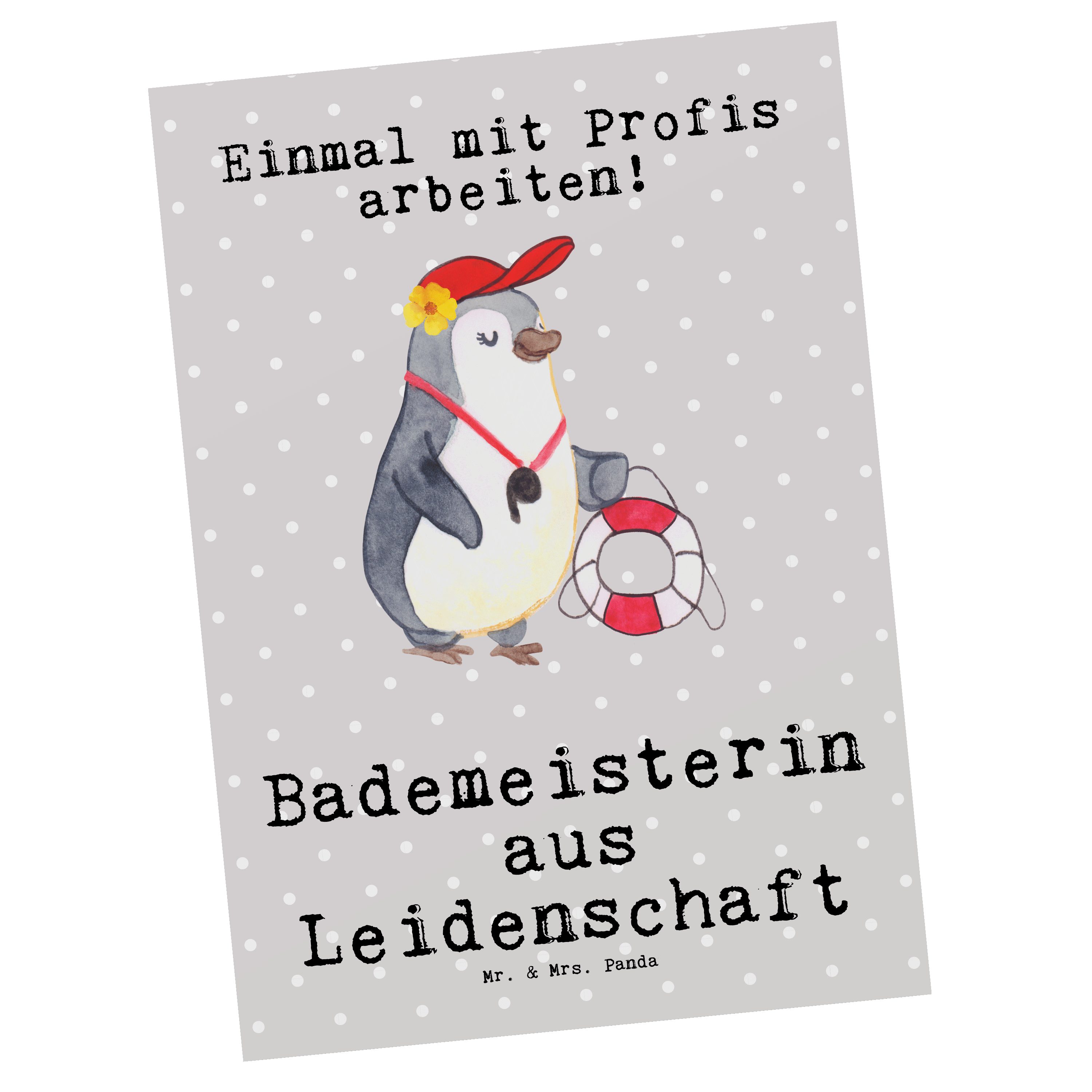 Mr. & Mrs. Panda Postkarte Bademeisterin aus Leidenschaft - Grau Pastell - Geschenk, Geschenkkar