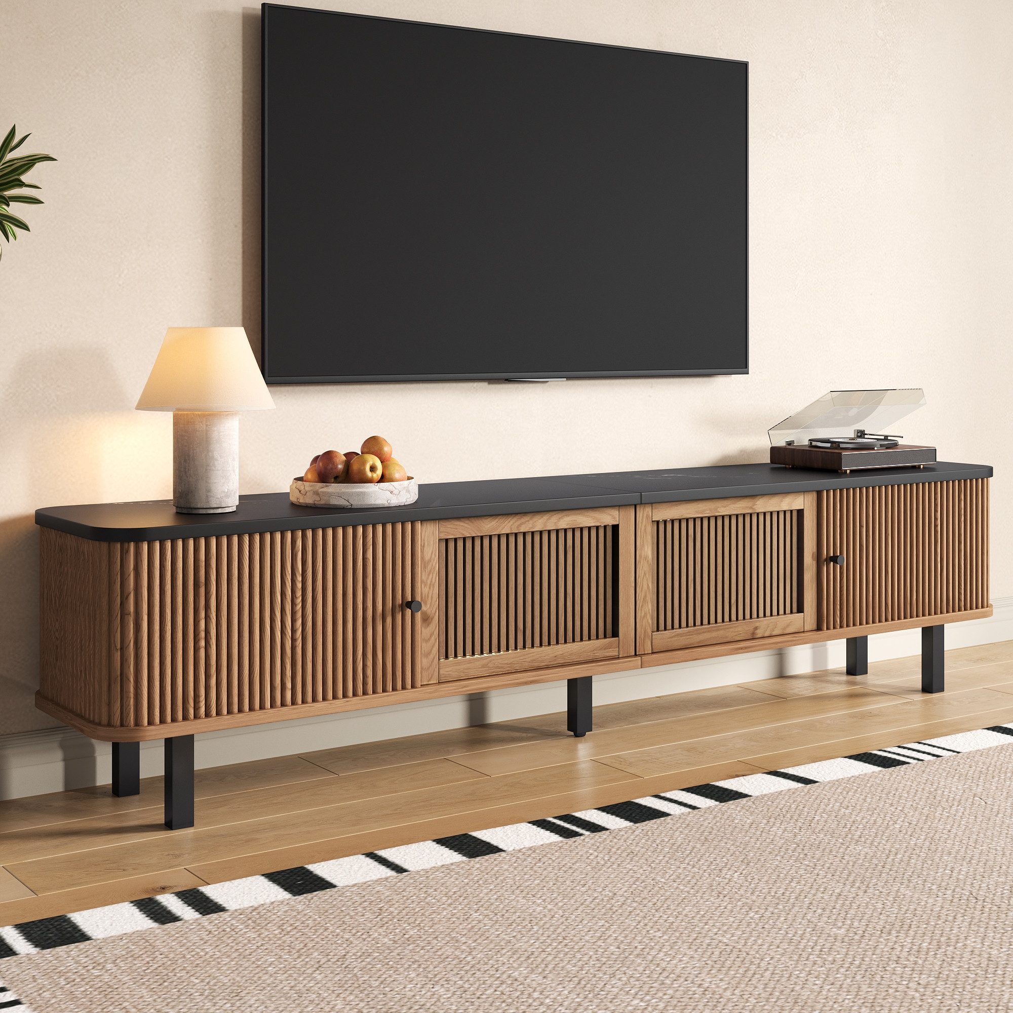 Merax Lowboard mit Gitterdesign und schwarzen Eisen-Griffe (1 St., Fernsehschrank in Oak/Walnut Optik), TV-Schrank mit 2 Schiebetüren, 2 Klapptüren & Stauraum, 190x35x45cm