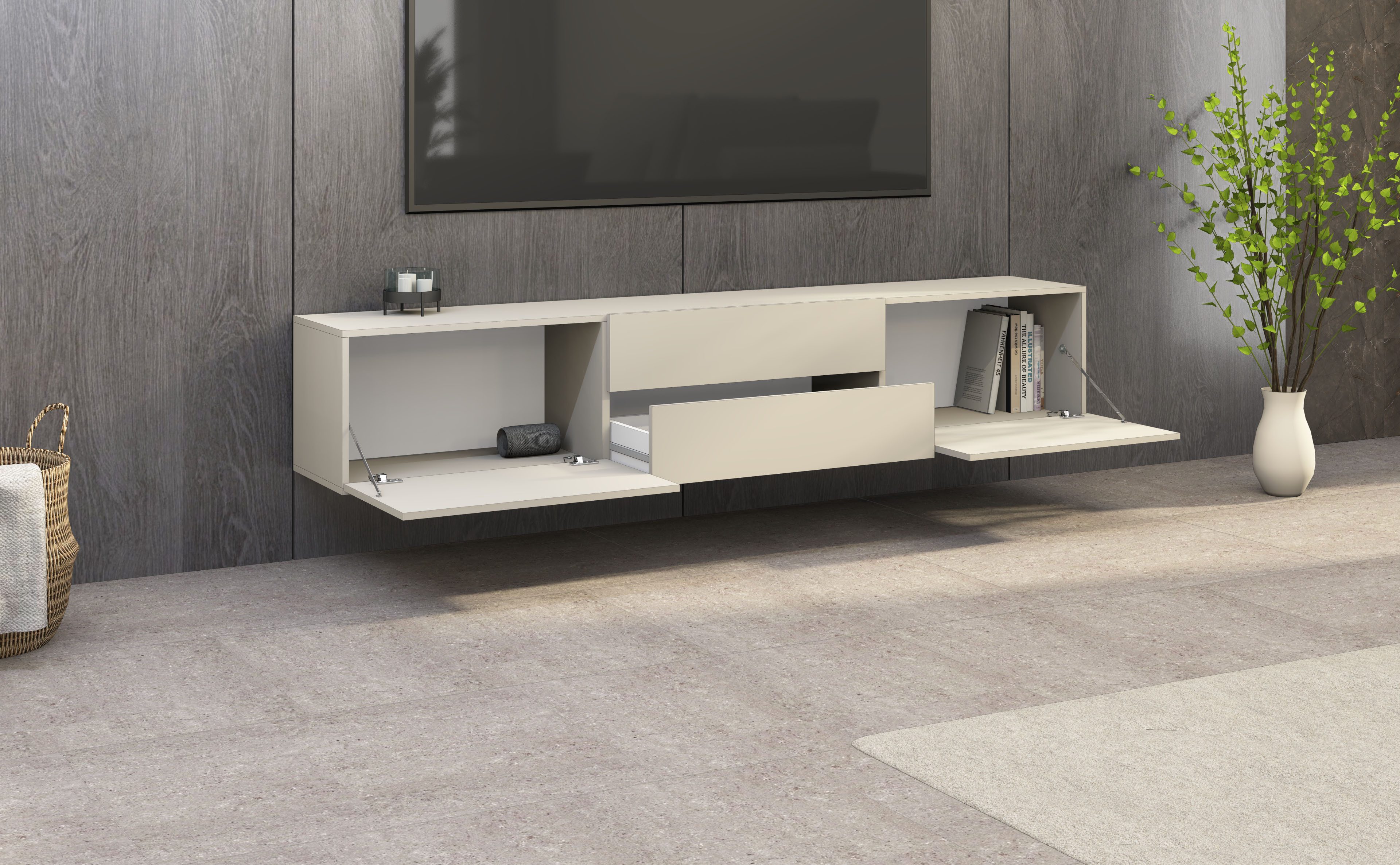 borchardt Möbel Lowboard Sophia, TV-Schrank Breite 200 cm, Breite 200 cm mit 2 Klappen und 2 Schubkästen, stehend und hängend
