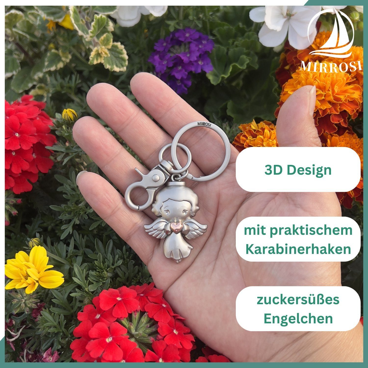 mit Schutzengel Herzchen mit Engel Schlüsselanhänger "Elsa" Silber aus praktischem (Glückbringer Karabinerhaken Metall), MIRROSI