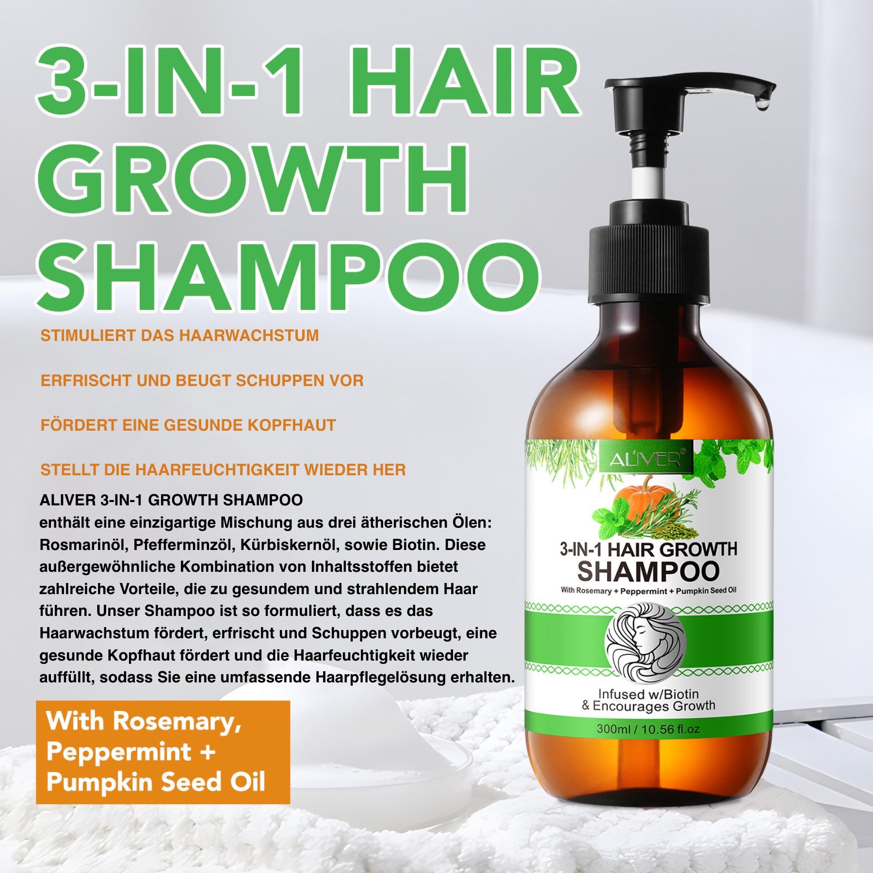 ALIVER Haarshampoo Rosmarin Minze Kürbis Öl mit Biotin für Kopfhaut Pflege Haarwachstum, 2-tlg., Enthält Mineralien, Enthält Vitamine, Ohne Tierversuche