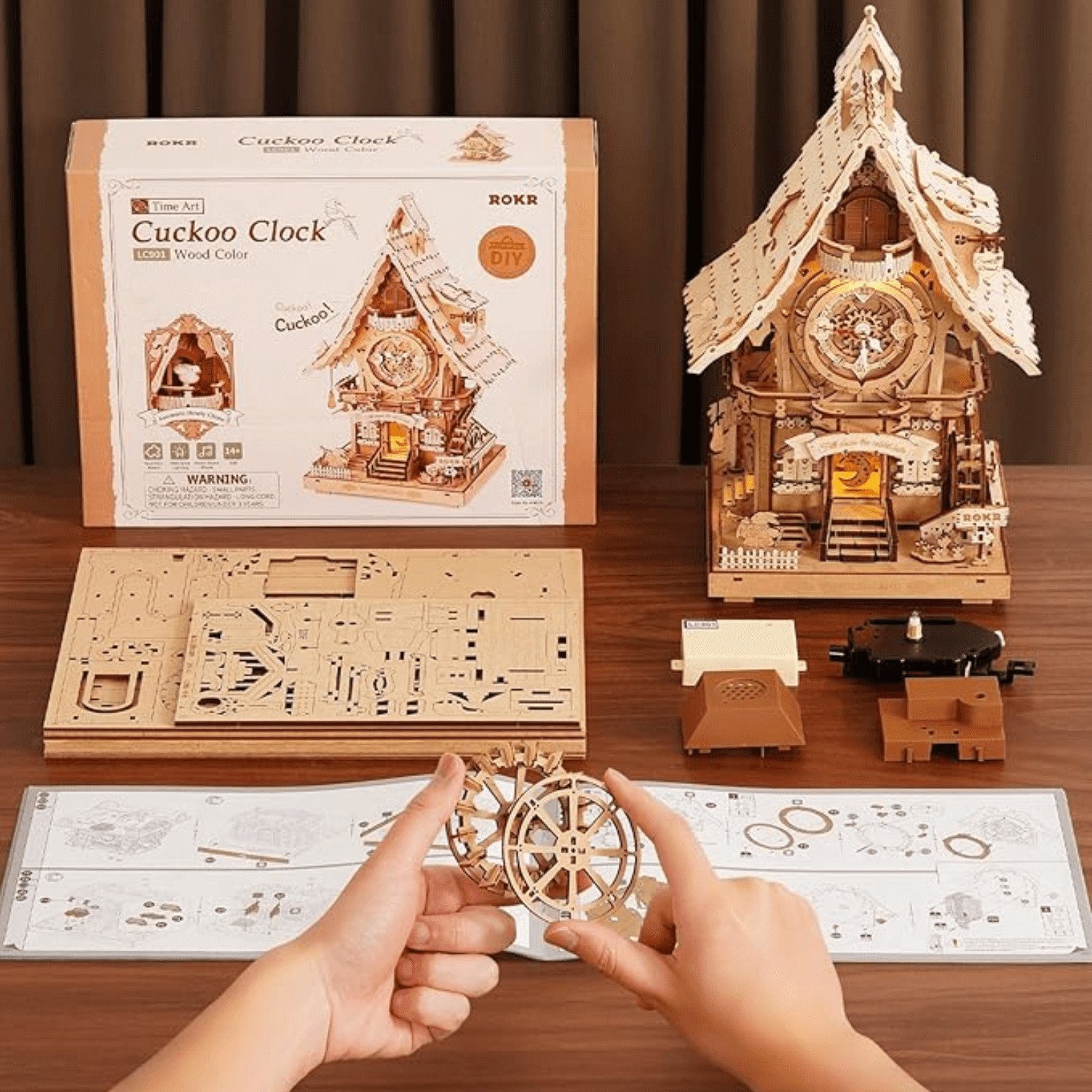 Robotime Modellbausatz Robotime Kuckucksuhr Farblos Mechanisches Holzpuzzle, (435-tlg)