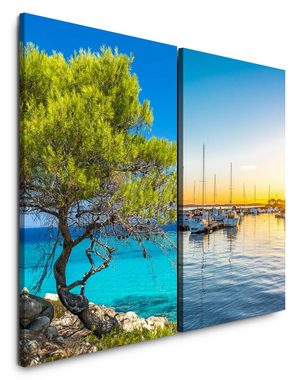 Sinus Art Leinwandbild 2 Bilder je 60x90cm Griechenland Chalkidiki Mittelmeer Baum Hafen Boote Sommer