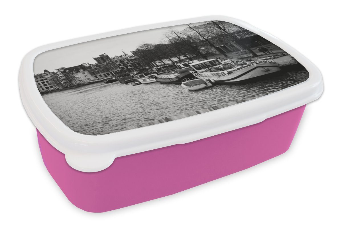 rosa in Kinder, Lunchbox - Schwarz Weiß, für - (2-tlg), Gracht Brotdose Snackbox, Erwachsene, Amsterdam MuchoWow Mädchen, Brotbox Kunststoff, Kunststoff