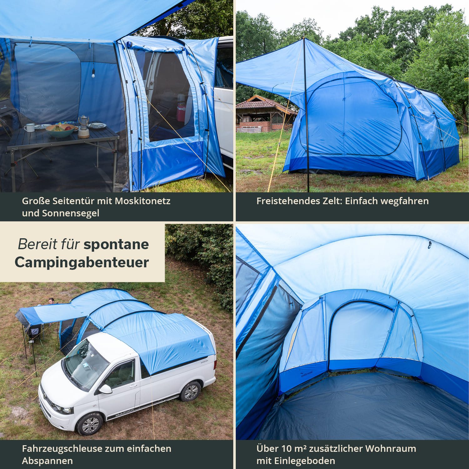 Skandika Buszelt Campingzelt, Tunnelzelt, Aarhus Travel 2, Vorzelt für Bus/Van, Personen: 2 (Tragetasche, Moskitonetz am Haupteingang, Sonnendach), Freistehend, 2 Eingänge, herausnehmbare Schlafkabine, Stehhöhe 205 cm