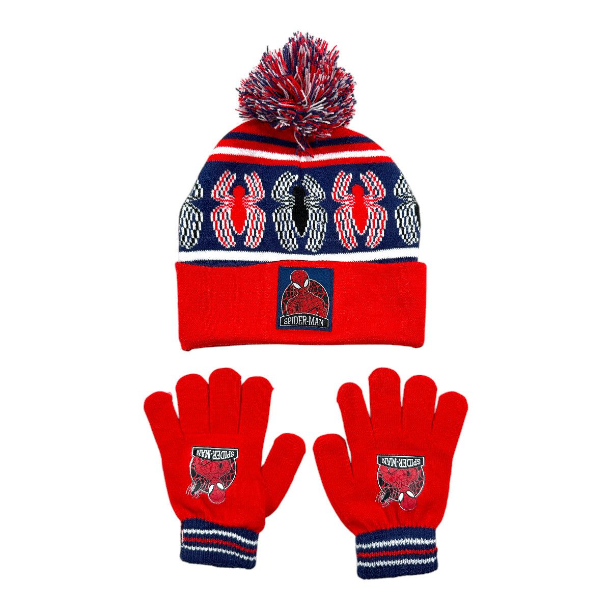 MARVEL Bommelmütze Spiderman Kinder Herbst Winter Set Mütze plus Handschuhe Onesize 52/53