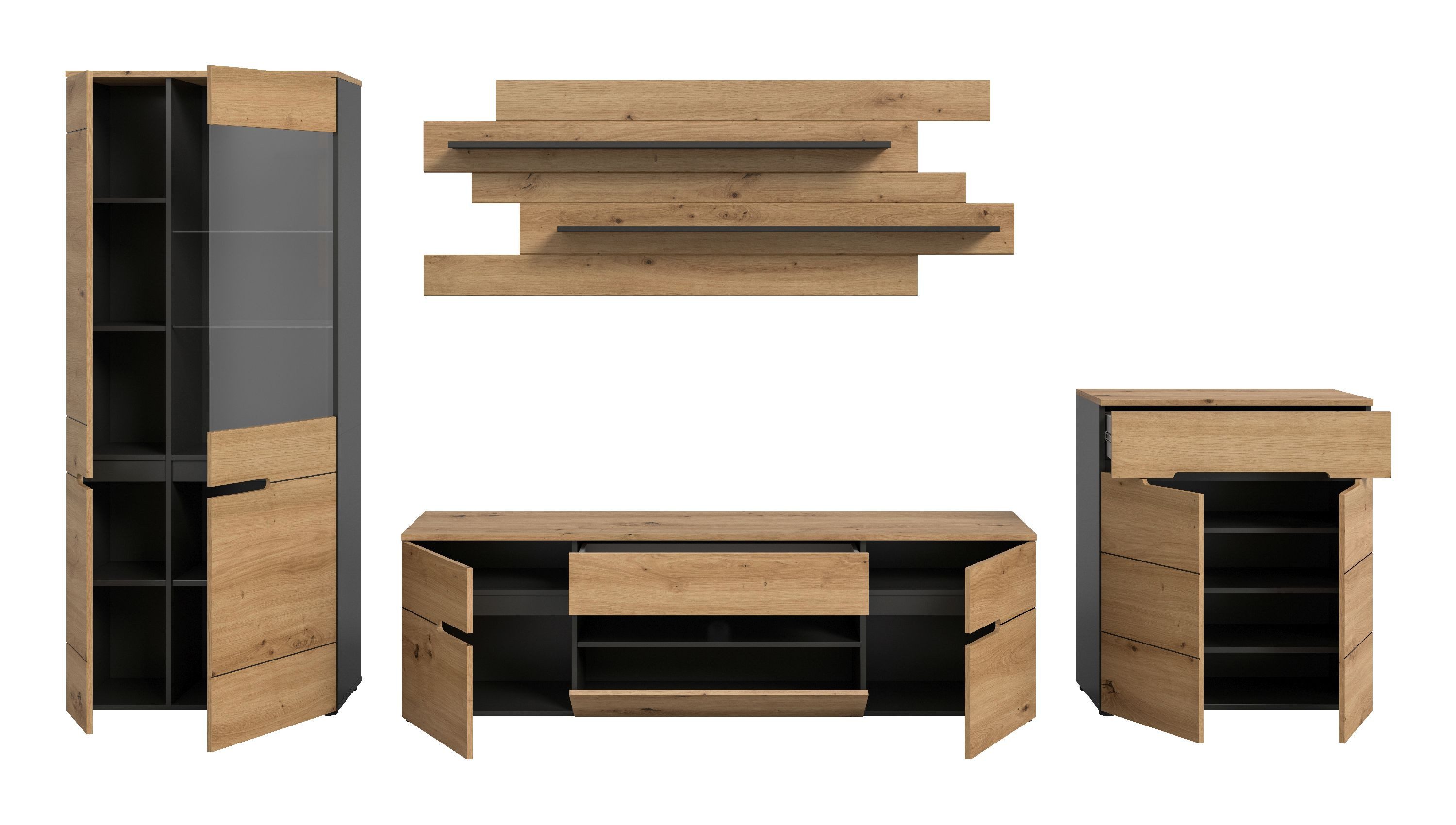 xonox.home Wohnwand Canu, (4tlg. Set inkl. Vitrine, Lowboard, Wandboard, Kommode), Basalt grau Melamin beschichtet modern 375x190x44 cm