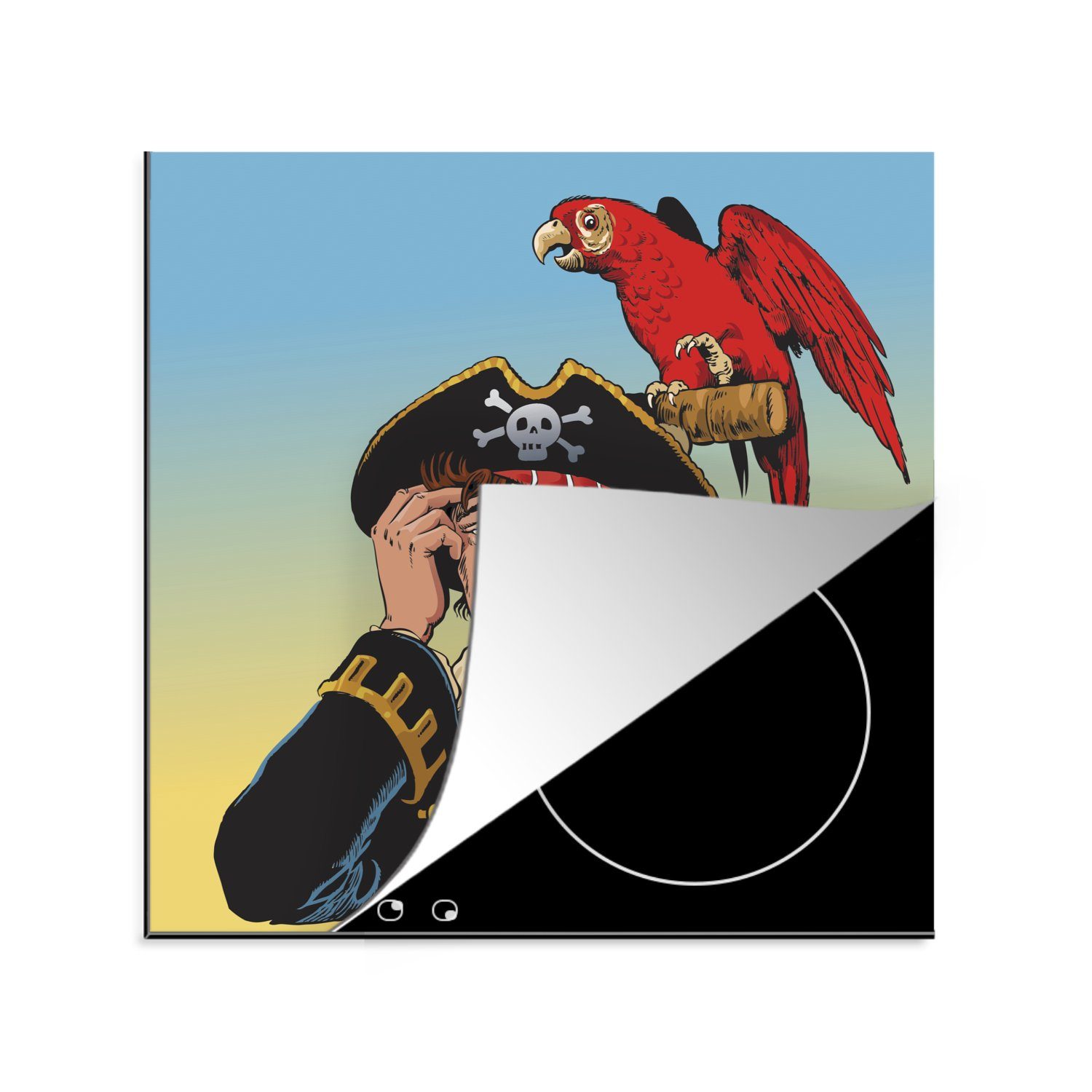 MuchoWow Herdblende-/Abdeckplatte Bunte Kinderillustration von einem Piraten und einem Papagei, Vinyl, (1 tlg), 78x78 cm, Ceranfeldabdeckung, Arbeitsplatte für küche